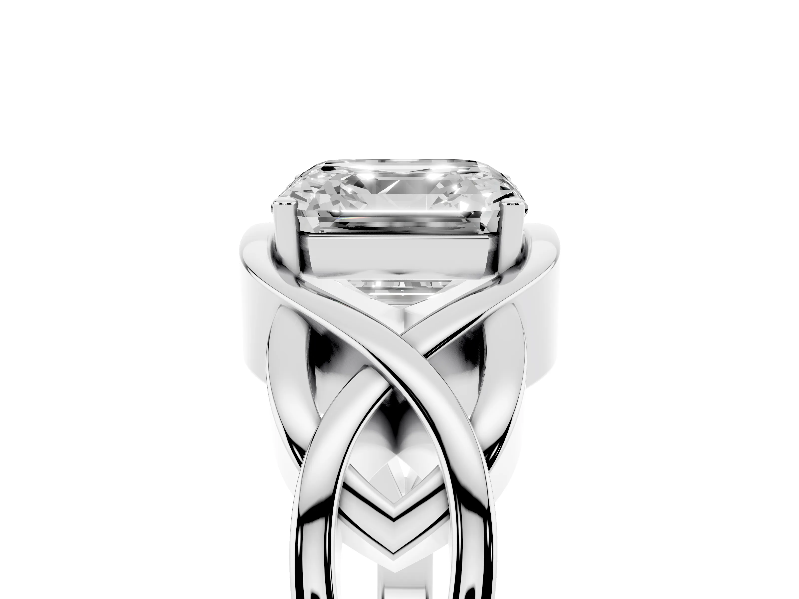 Asscher Cut Diamond Solitaire Ring Set in Silver with Intertwined Band