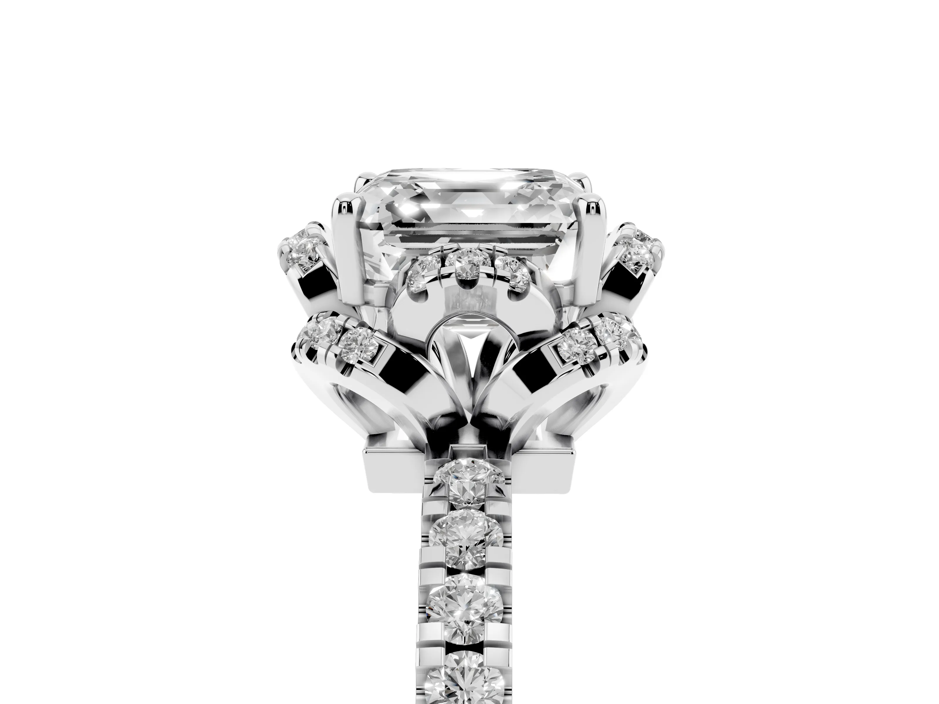 Asscher Cut Diamond Halo Pavé Ring Set in White gold with Prong-Held Center Stone