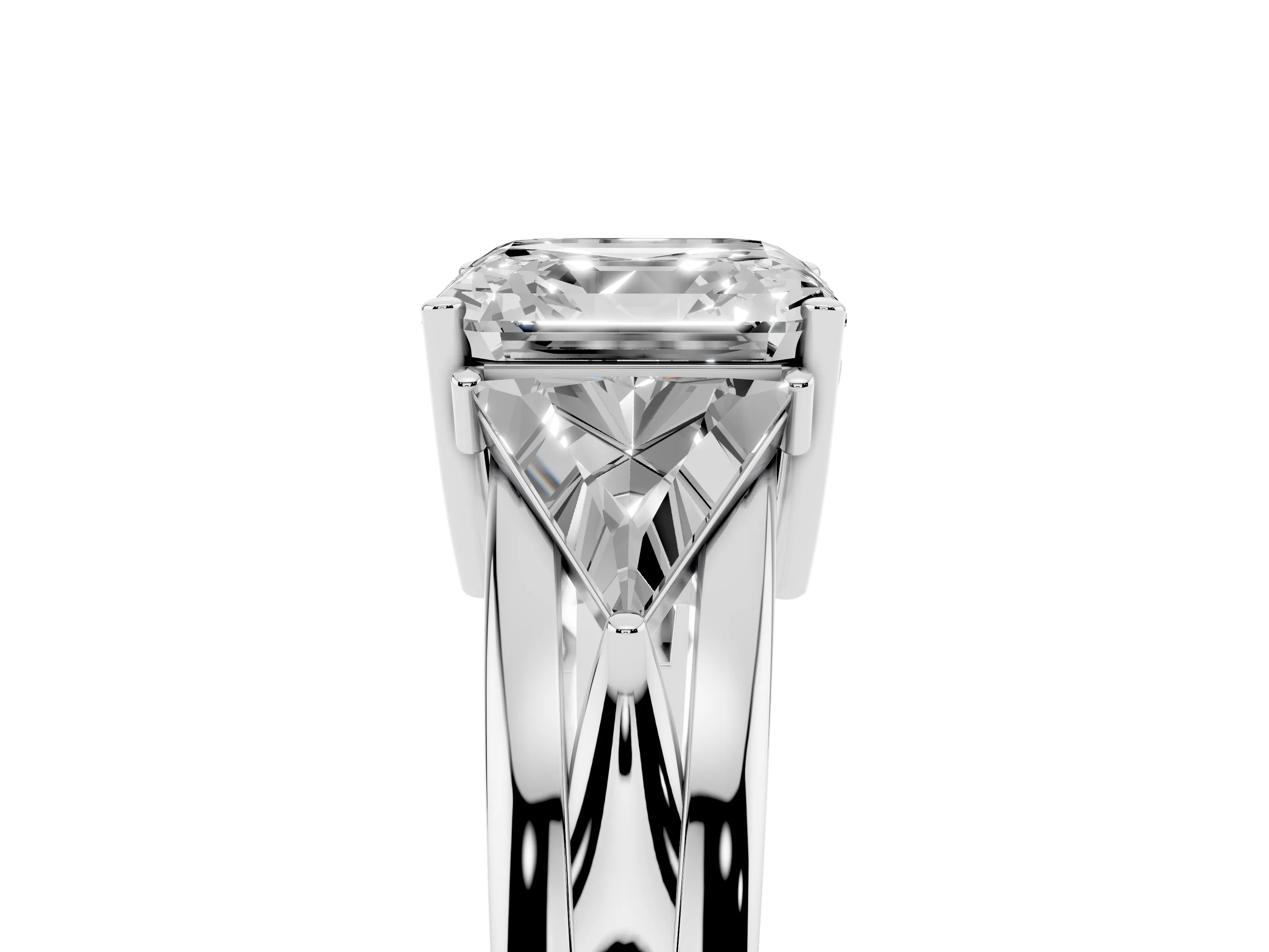 Asscher Cut Diamond Three-Stone Ring Set in Platinum with Trillion Side Stones and Split Shank