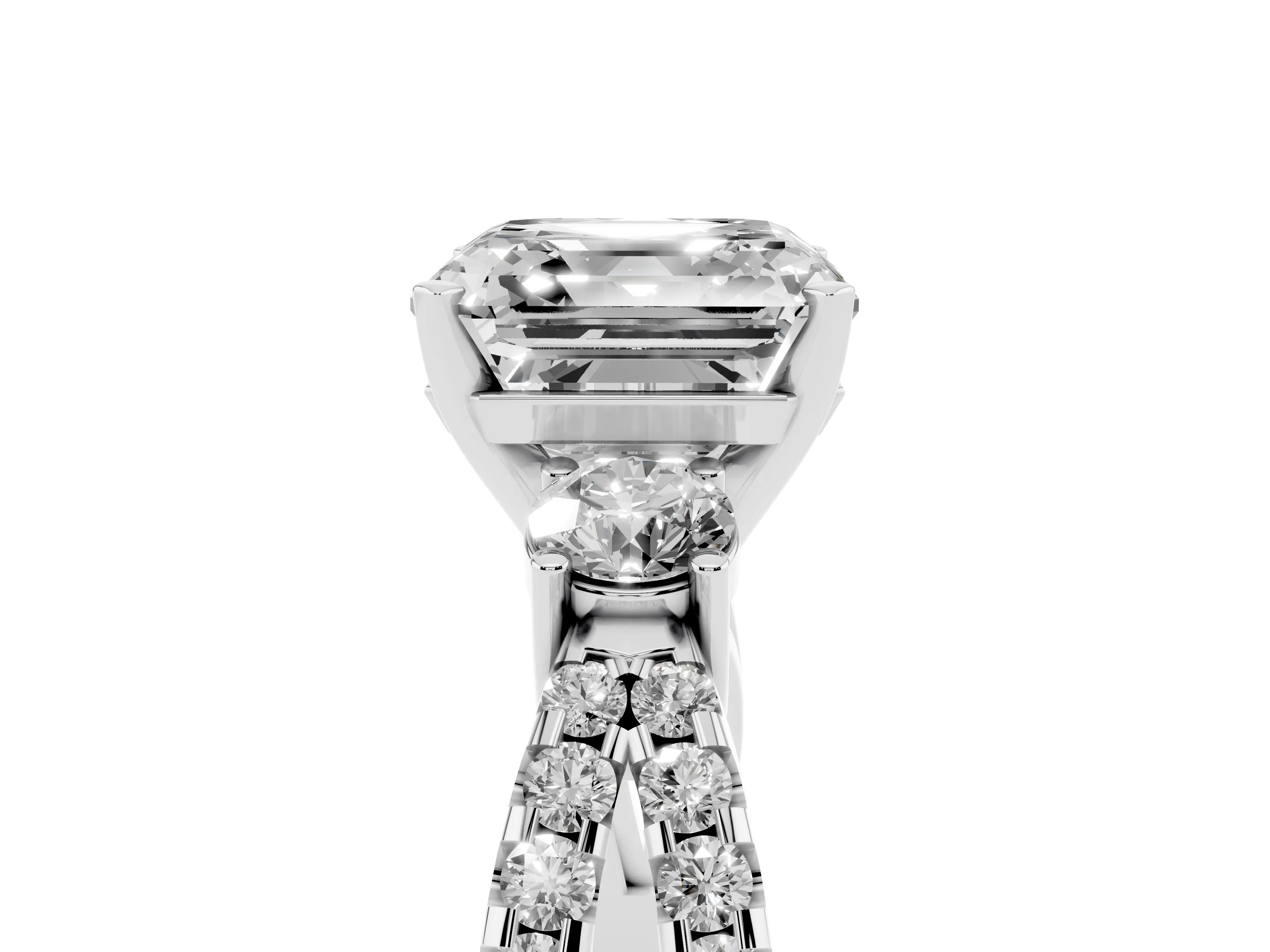 Asscher Cut Diamond Three-Stone Ring Set in Platinum with Pavé Split Shank and Prong Setting