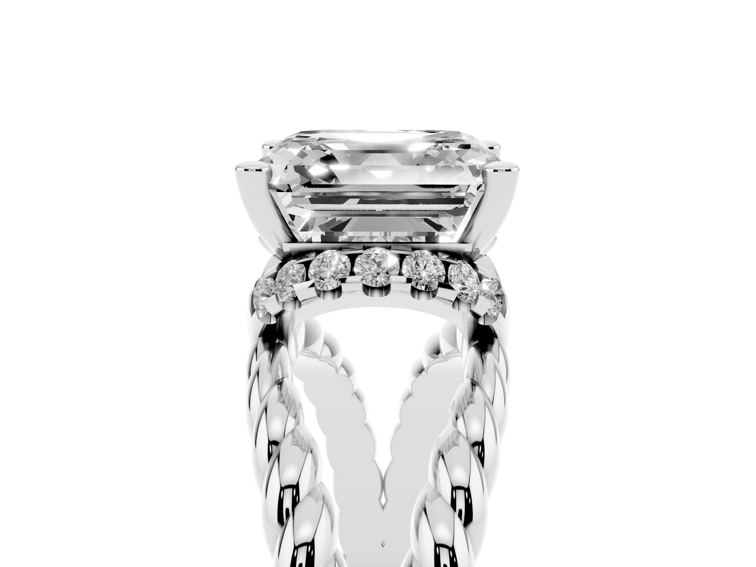 Asscher Cut Diamond Halo Ring Set in White gold with Twisted Band and Prong Setting
