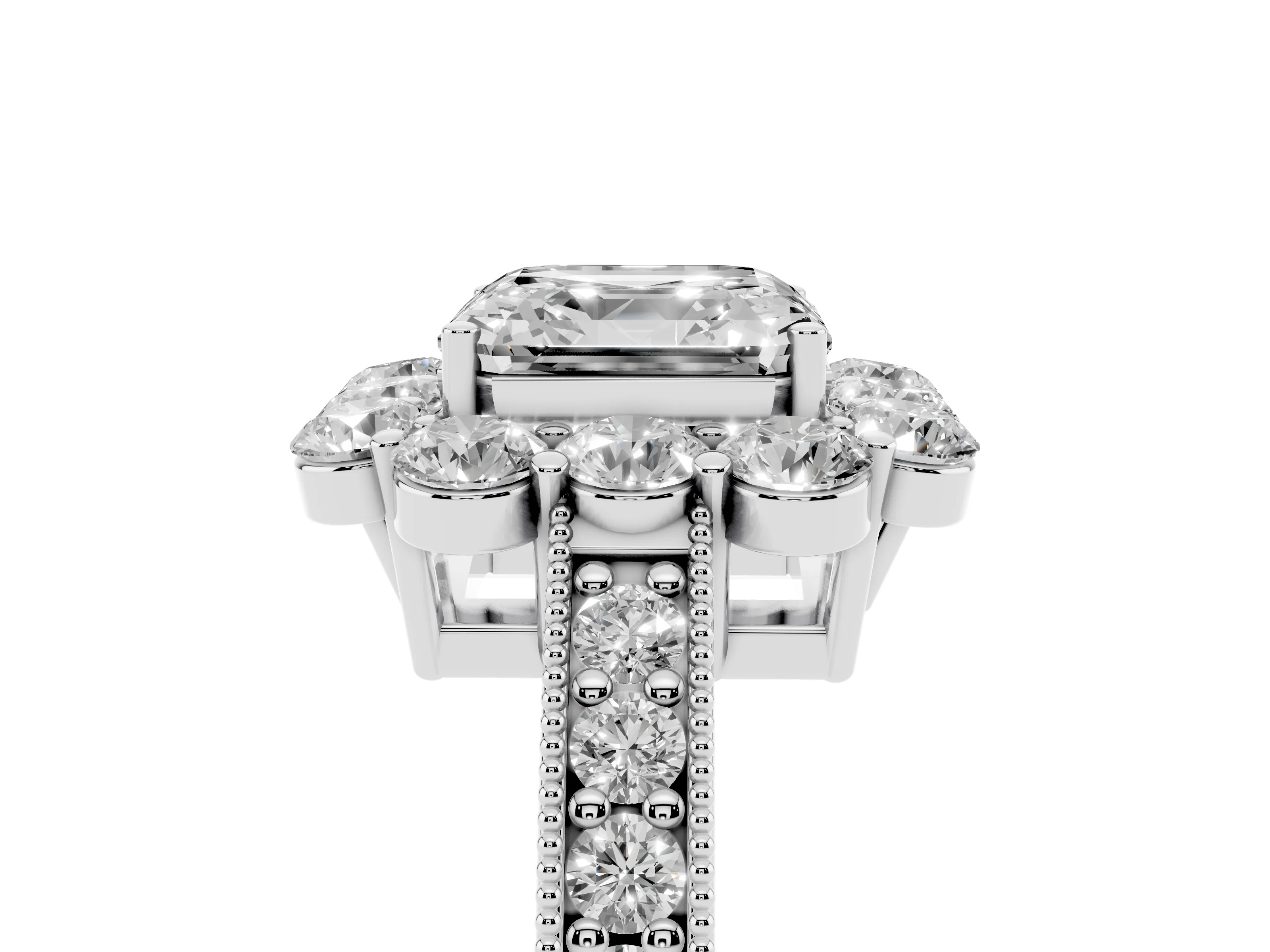 Asscher Cut Diamond Halo Pavé Engagement Ring Set in White gold with Milgrain Detailing
