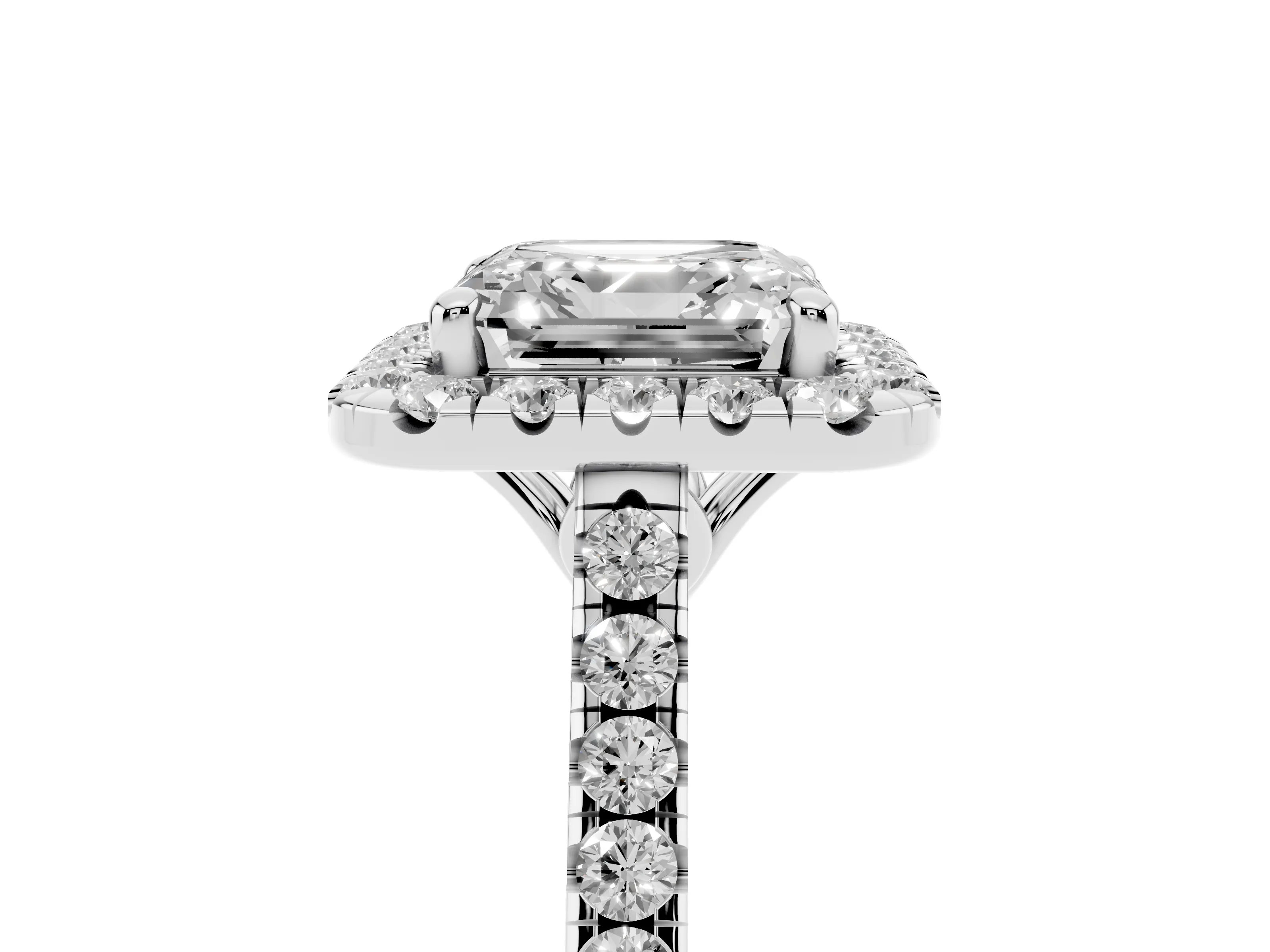 Asscher Cut Diamond Pavé Halo Engagement Ring Set in White gold with Pavé Band and Prong Setting