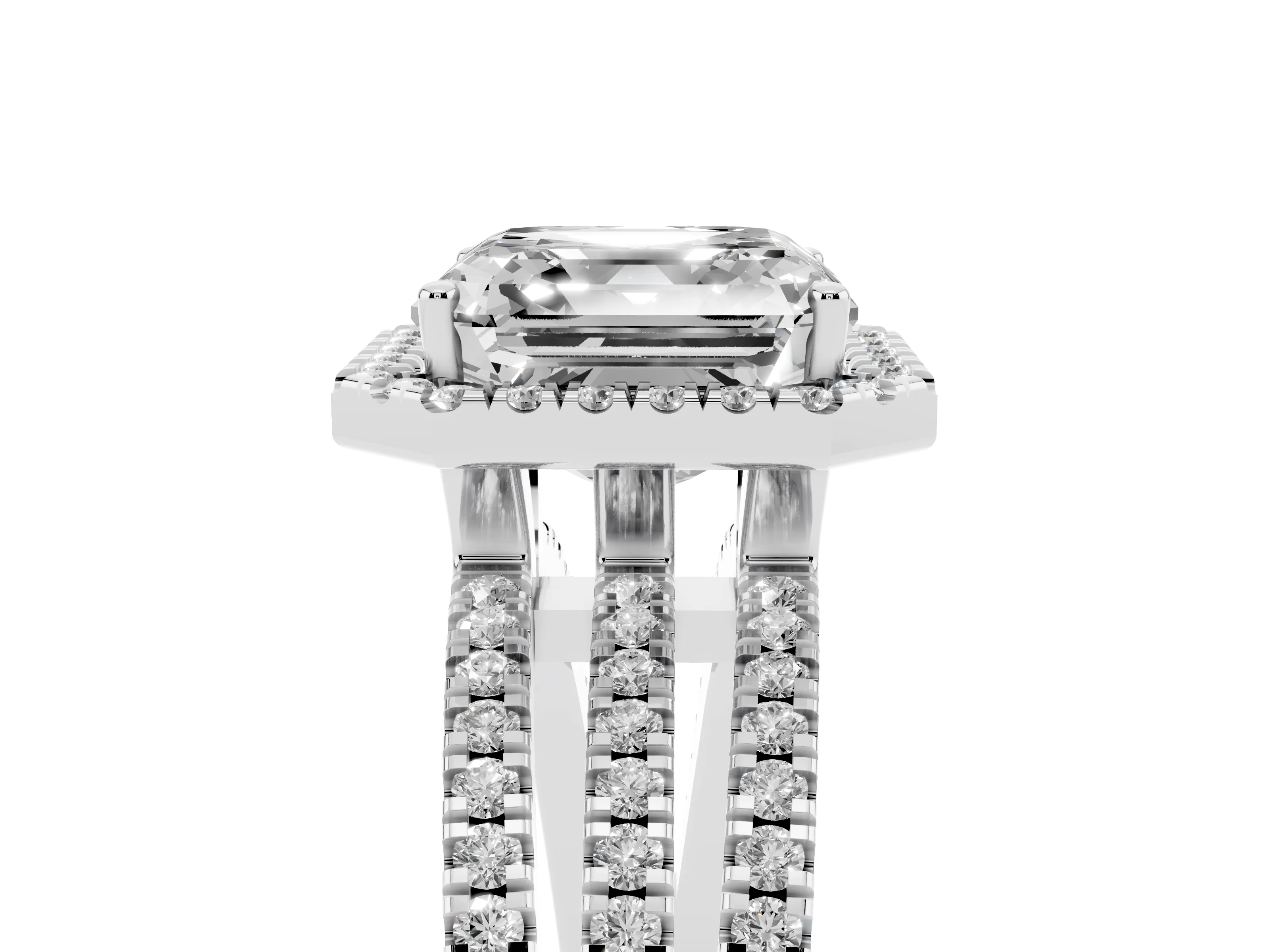 Asscher Cut Diamond Halo Split Shank Engagement Ring Set in Silver with Prong Setting