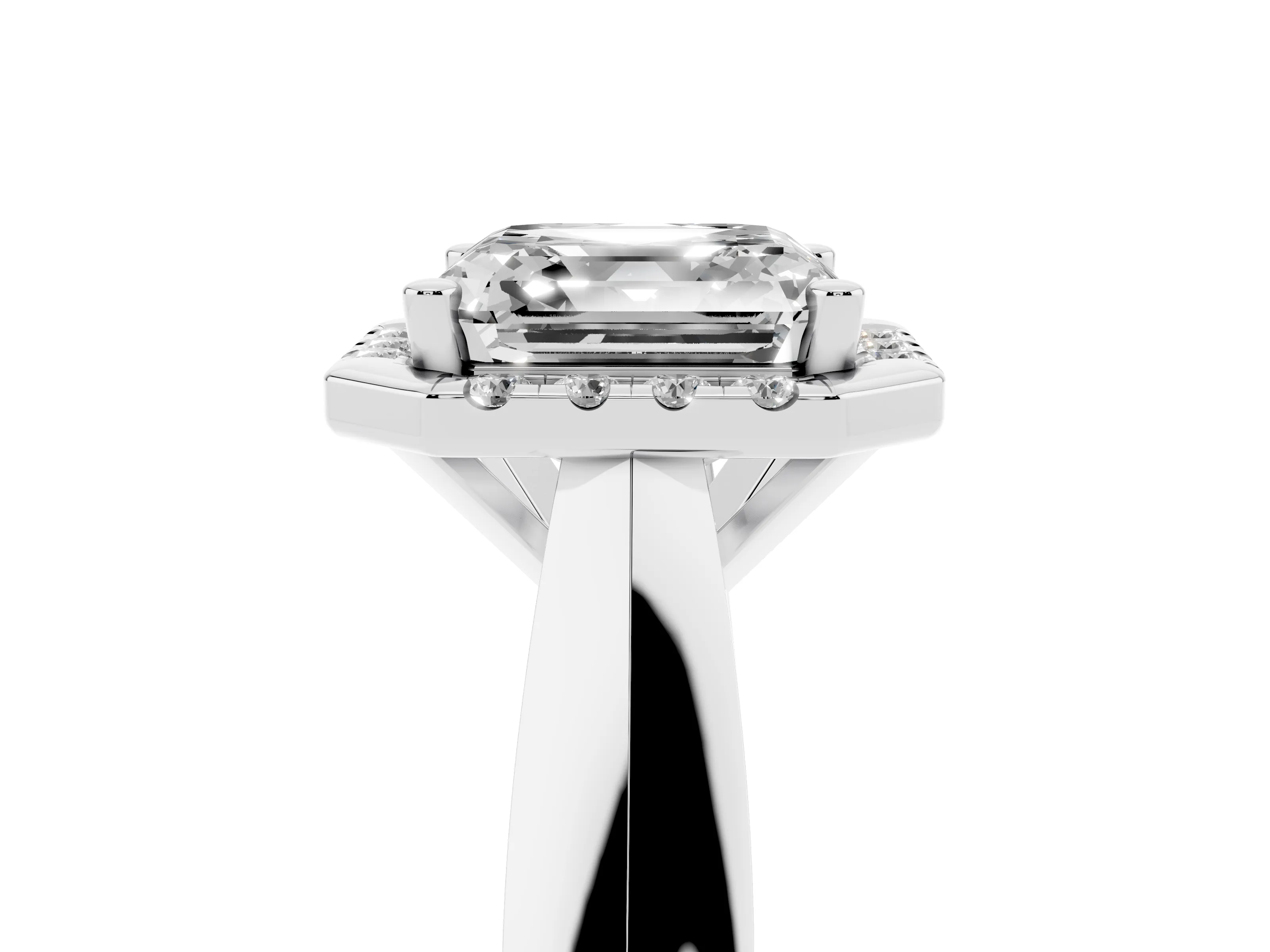 Asscher Cut Diamond Halo Solitaire Engagement Ring Set in Silver with Square Band and Prong Setting
