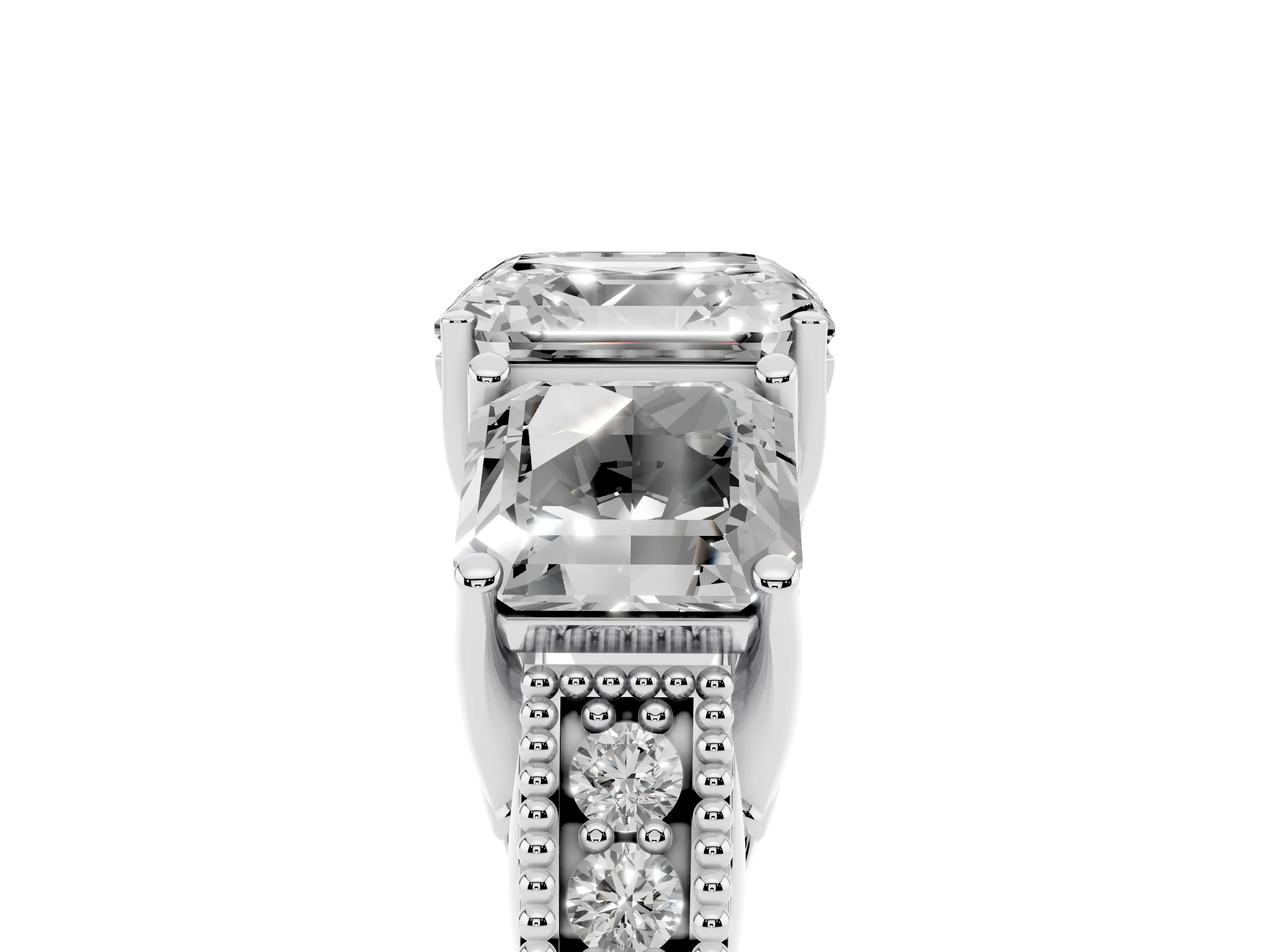 Asscher Cut Diamond Three-Stone Engagement Ring Set in Silver with Milgrain Pavé Band