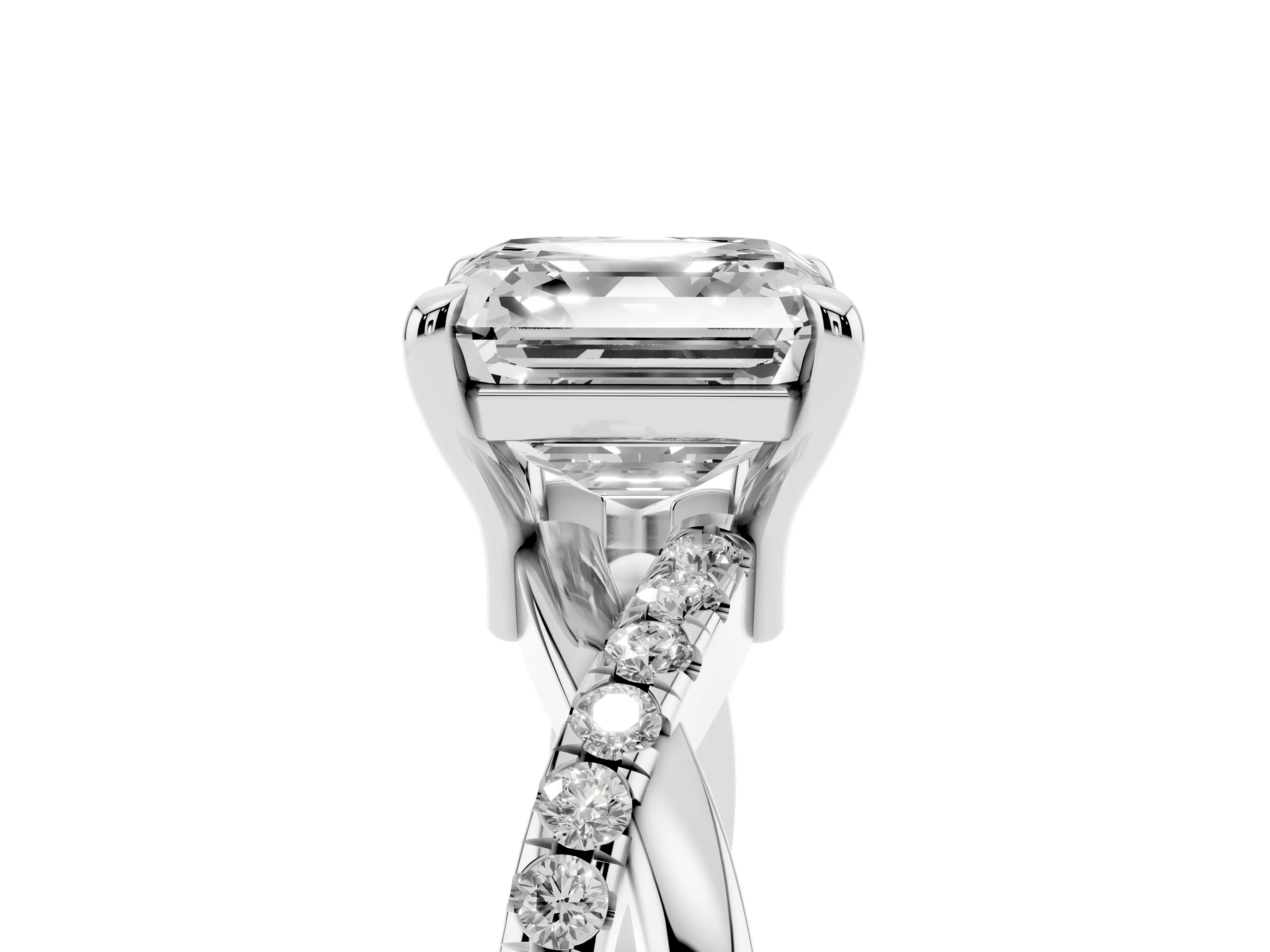 Asscher Cut Diamond Twist Band Pavé Solitaire Ring Set in Platinum with Prong Setting