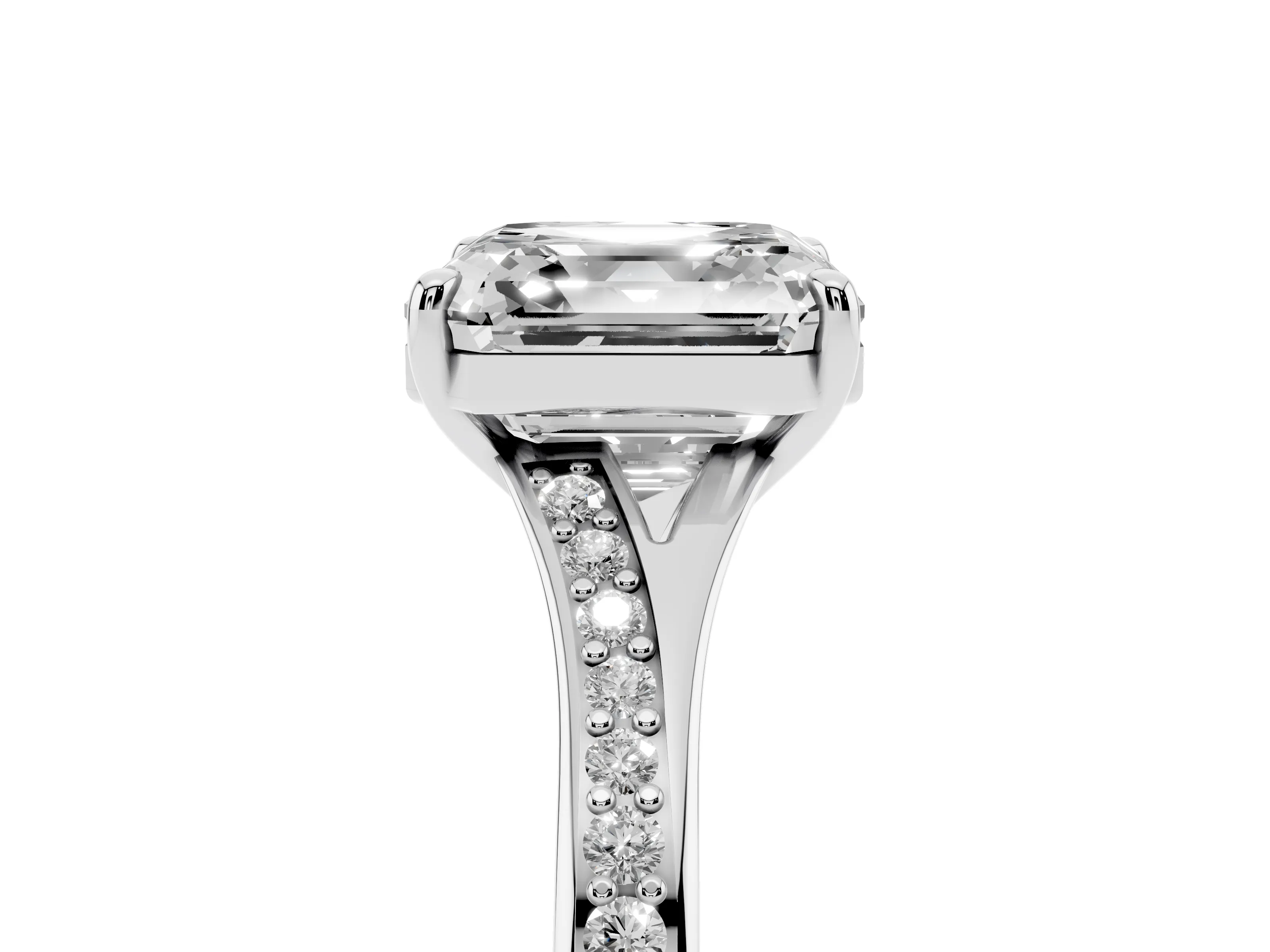 Asscher Cut Diamond Solitaire Ring Set in Silver with Pavé Accent Band and Classic Prong Setting