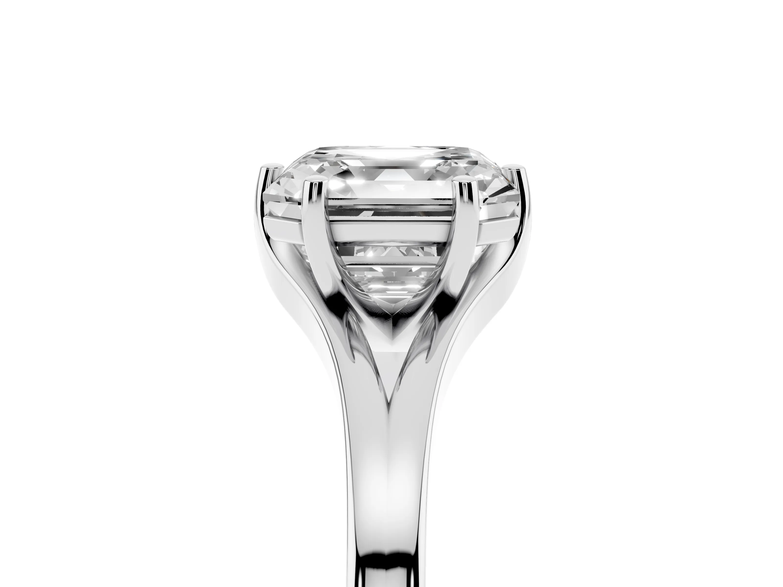 Asscher Cut Diamond Solitaire Ring Set in Silver with Polished Tapered Band and Prong Setting