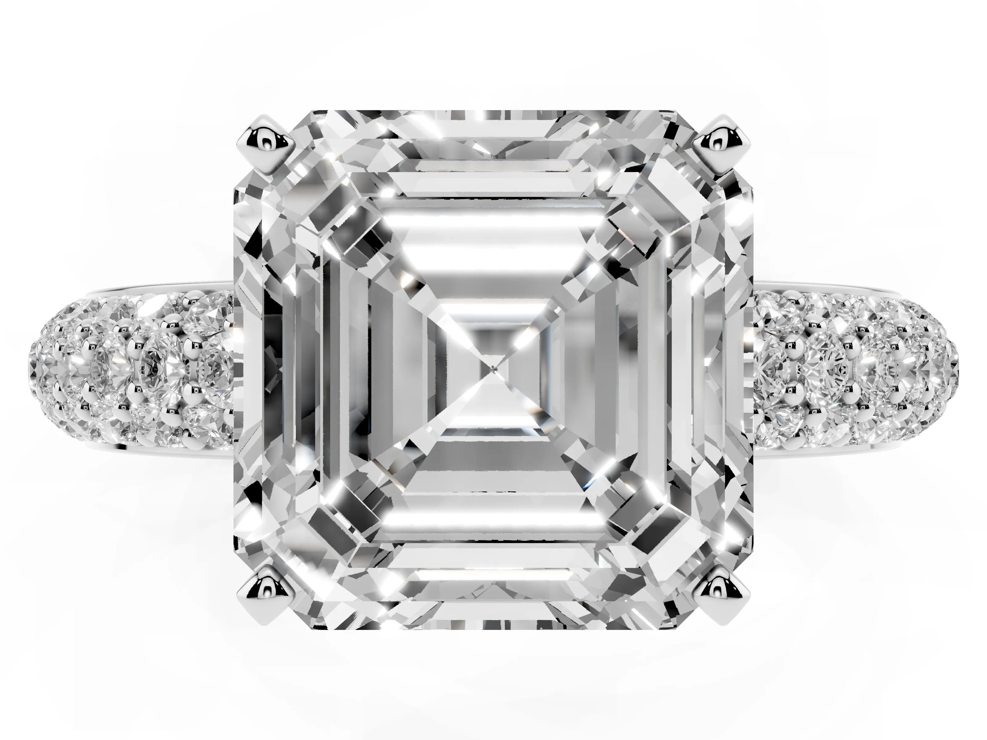 Asscher Cut Diamond Solitaire Ring Set in White gold with Prong Setting and Pavé-Set Band