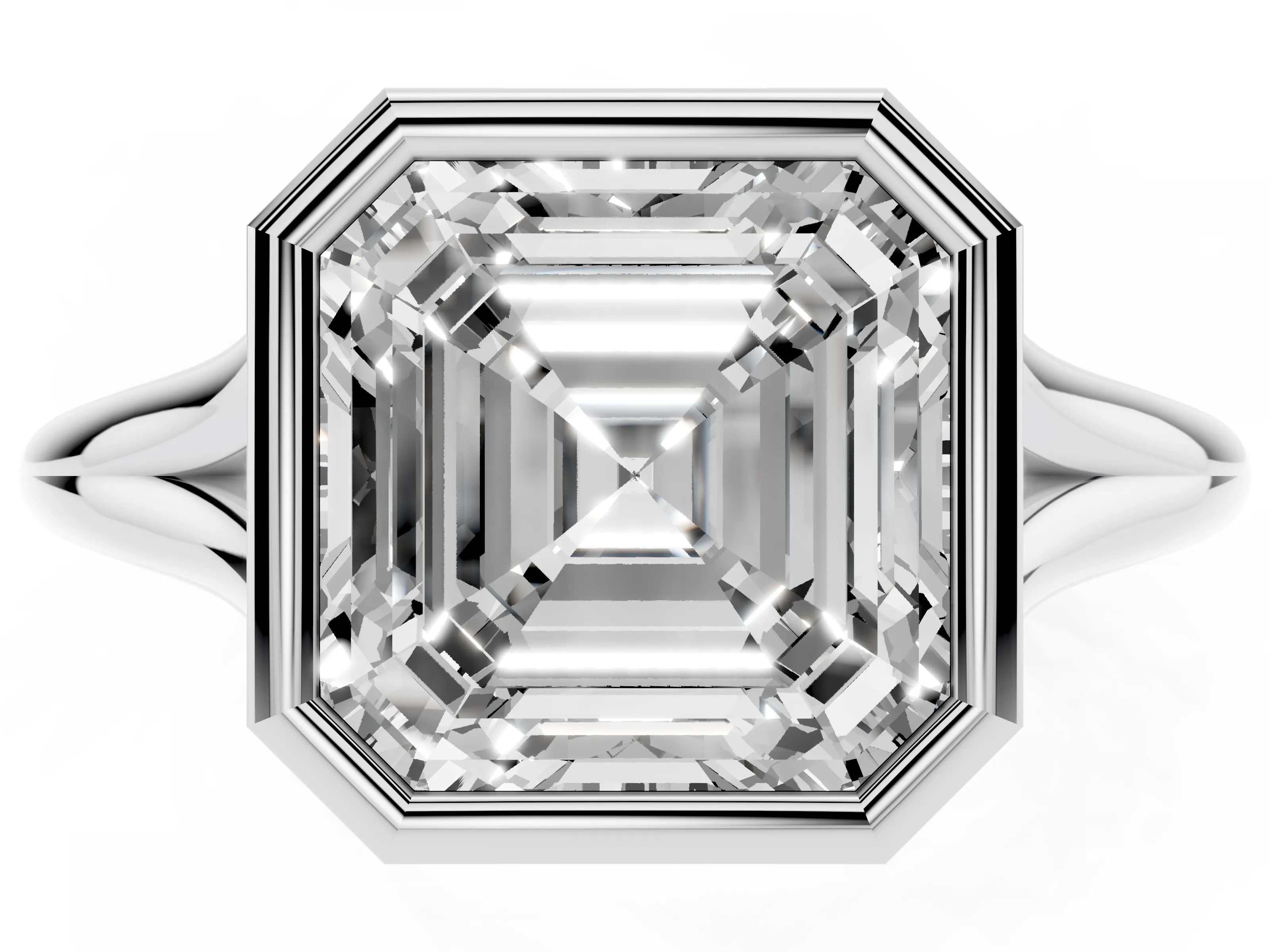 Bezel Set Asscher Cut Diamond Solitaire Ring Set in Platinum with Tapered Band