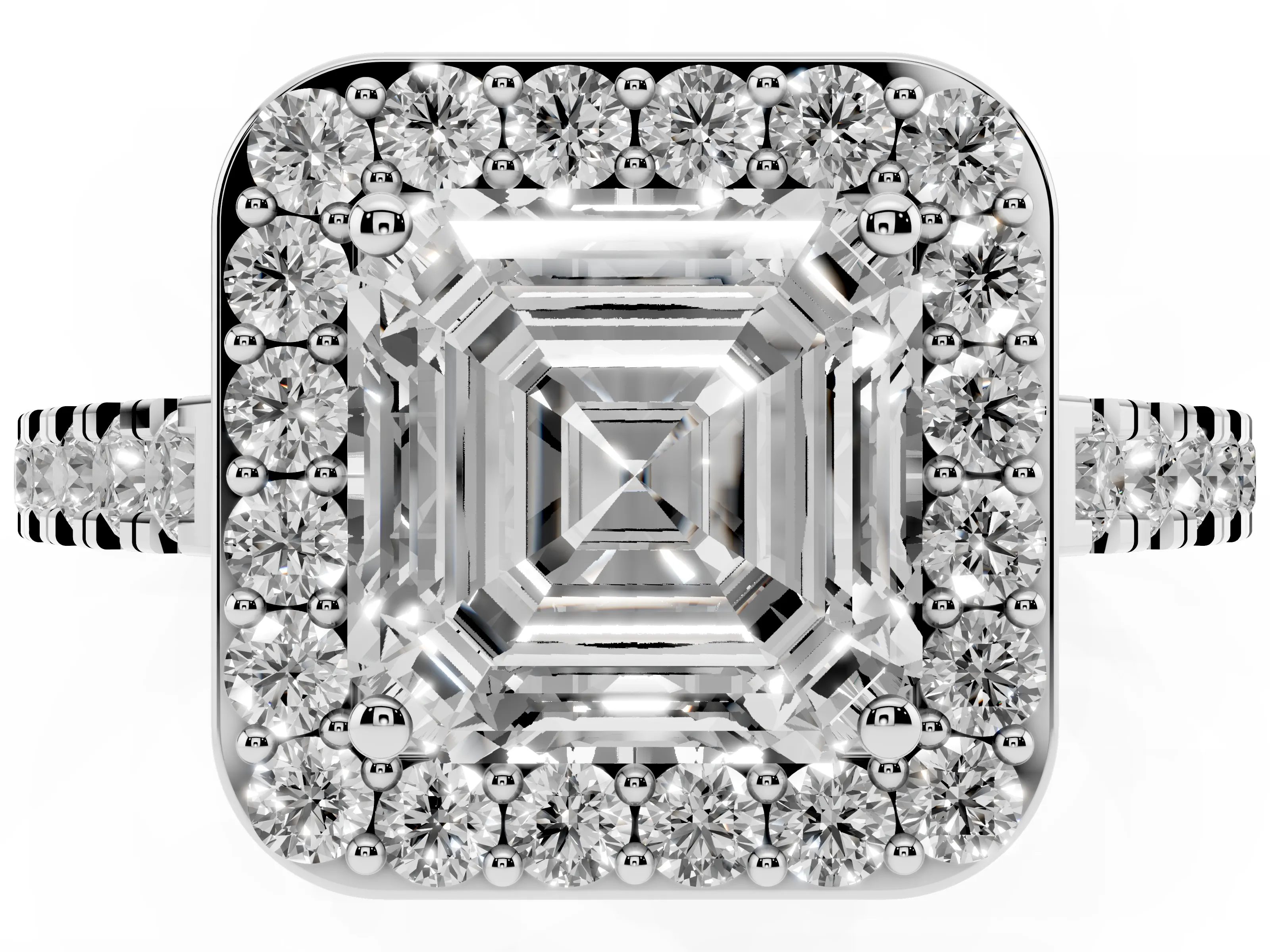 Asscher Cut Diamond Halo Ring Set in White gold with Round Pavé Split Shank and Prong Setting