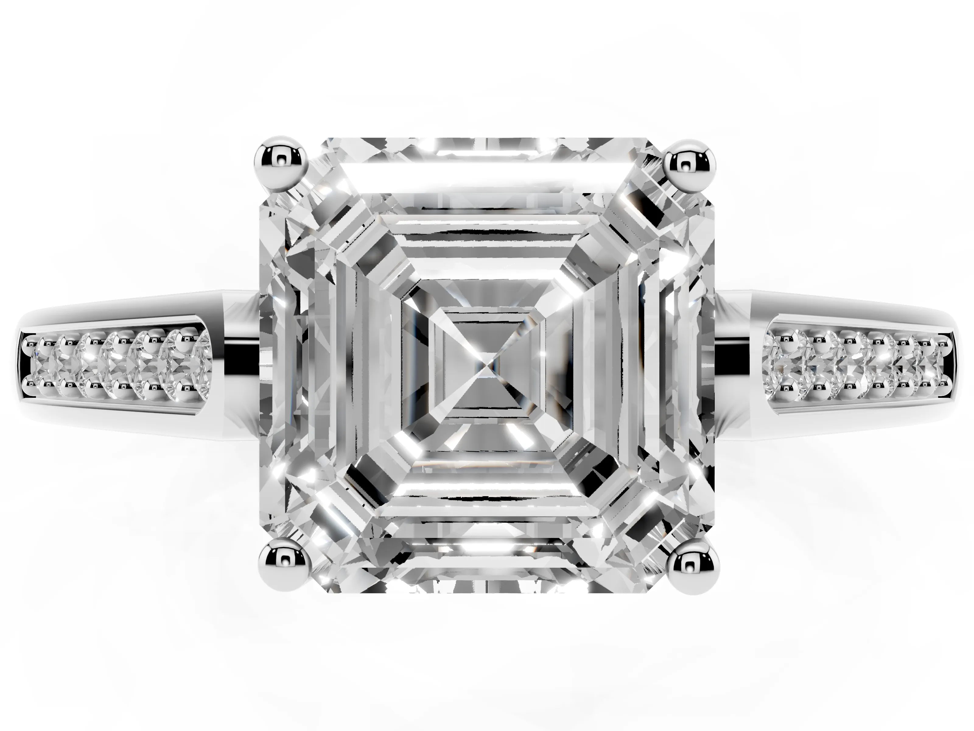 Asscher Cut Diamond Solitaire Cathedral Engagement Ring Set in White gold with Channel-Set Band and Prong Setting
