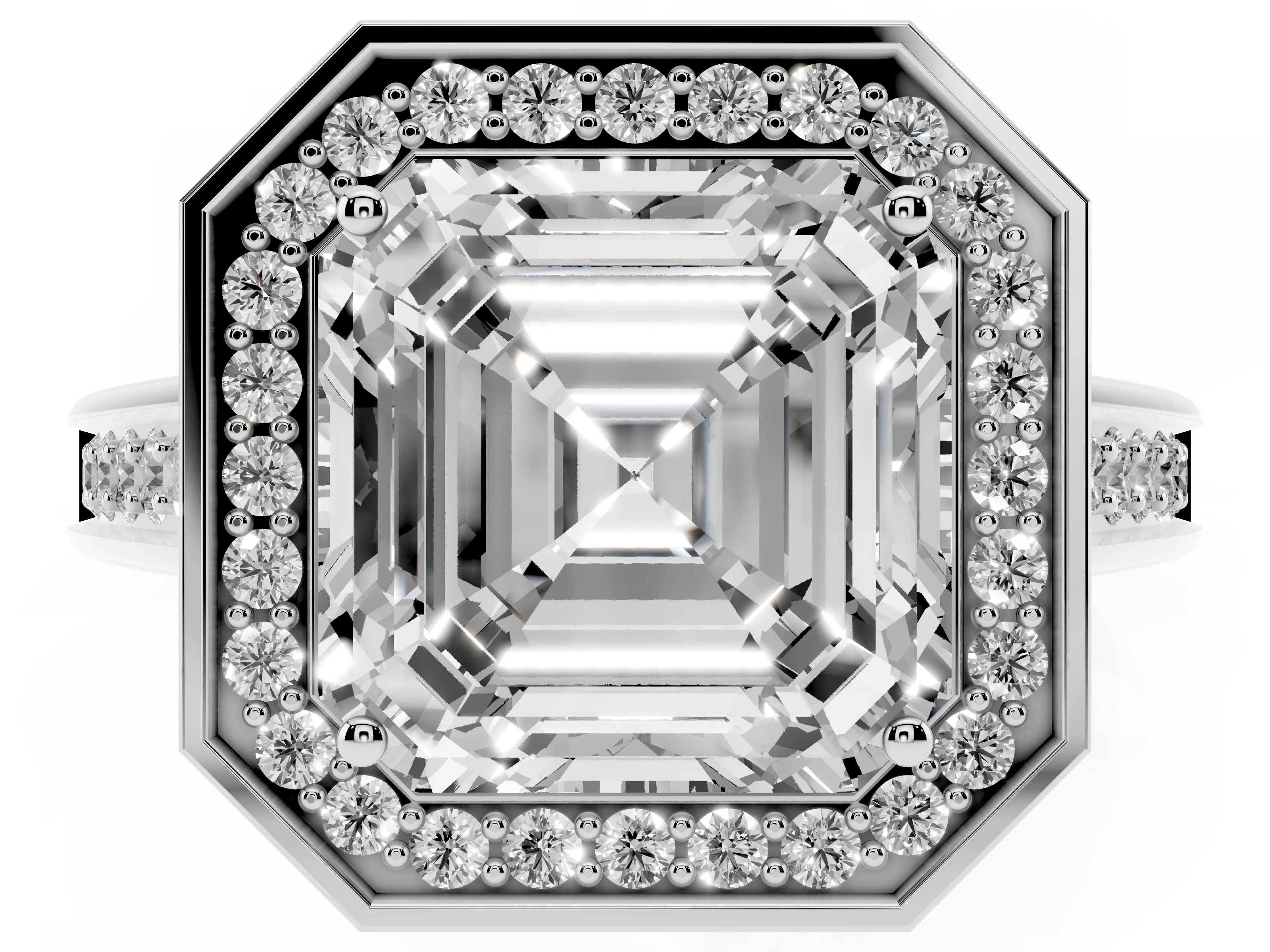Asscher Cut Diamond Halo Solitaire Ring Set in Platinum with Pavé Band and Bezel Setting