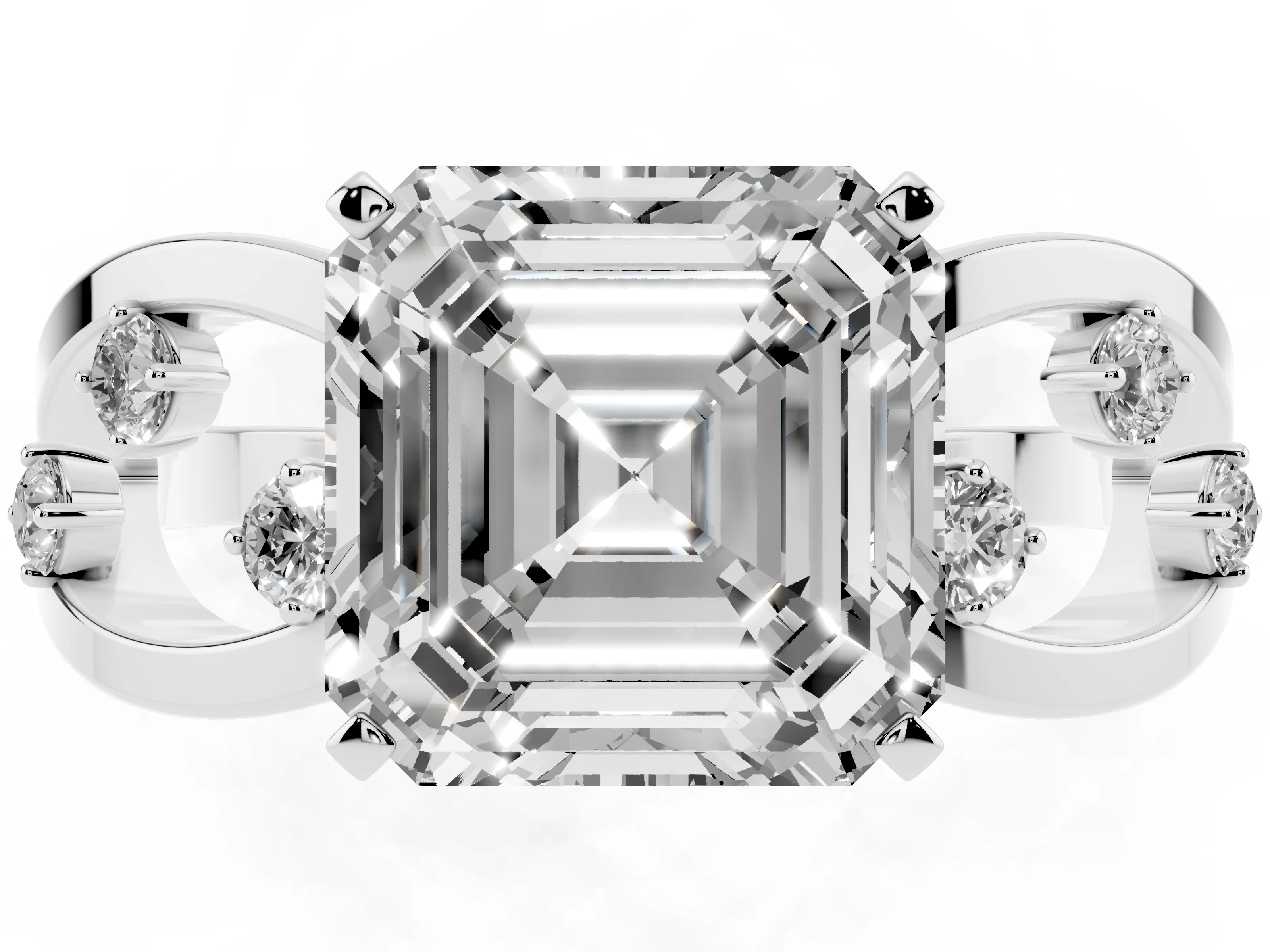 Asscher Cut Diamond Solitaire Ring Set in White gold with Side Stones on Criss-Cross Band and Prong Setting
