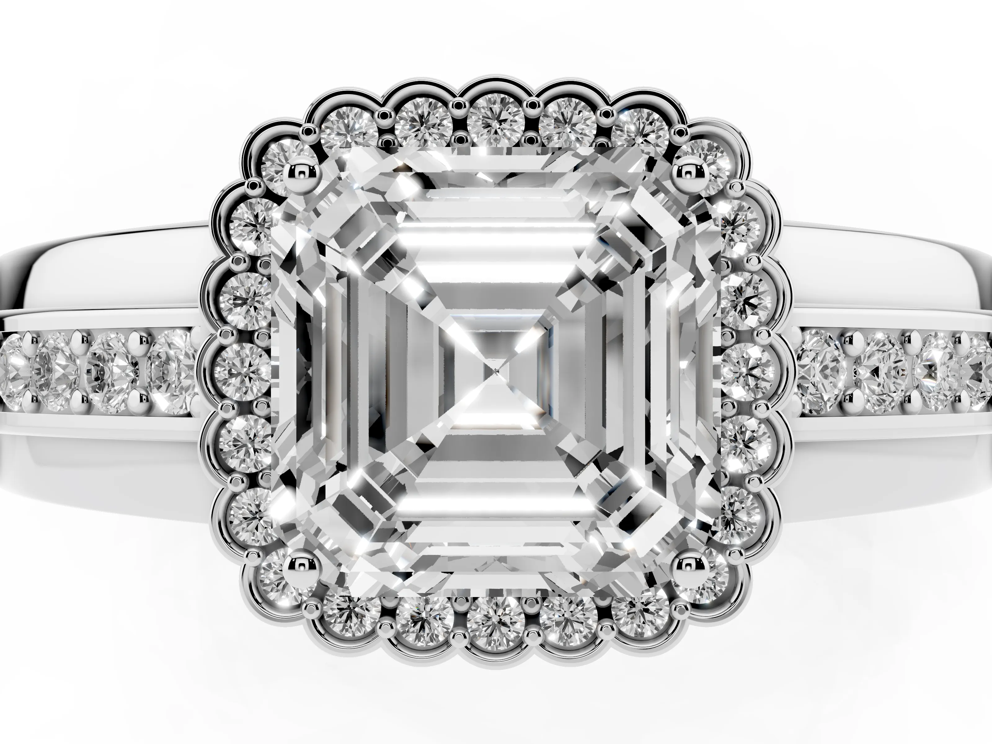 Asscher Cut Diamond Halo Prong Ring Set in Platinum with Pavé Band
