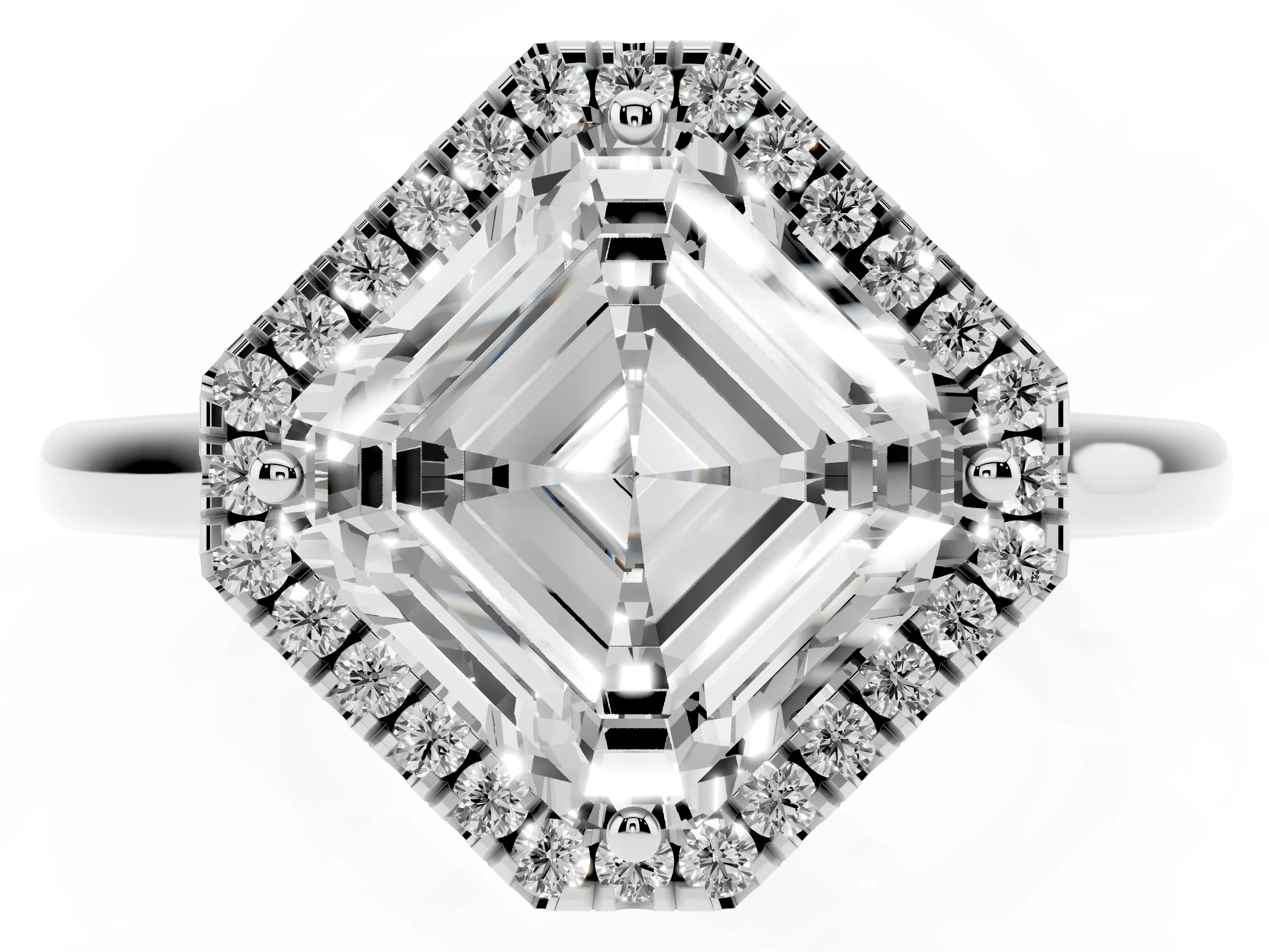 Asscher Cut Diamond Halo Engagement Ring Set in Platinum with Pavé Band and Rising Shoulders