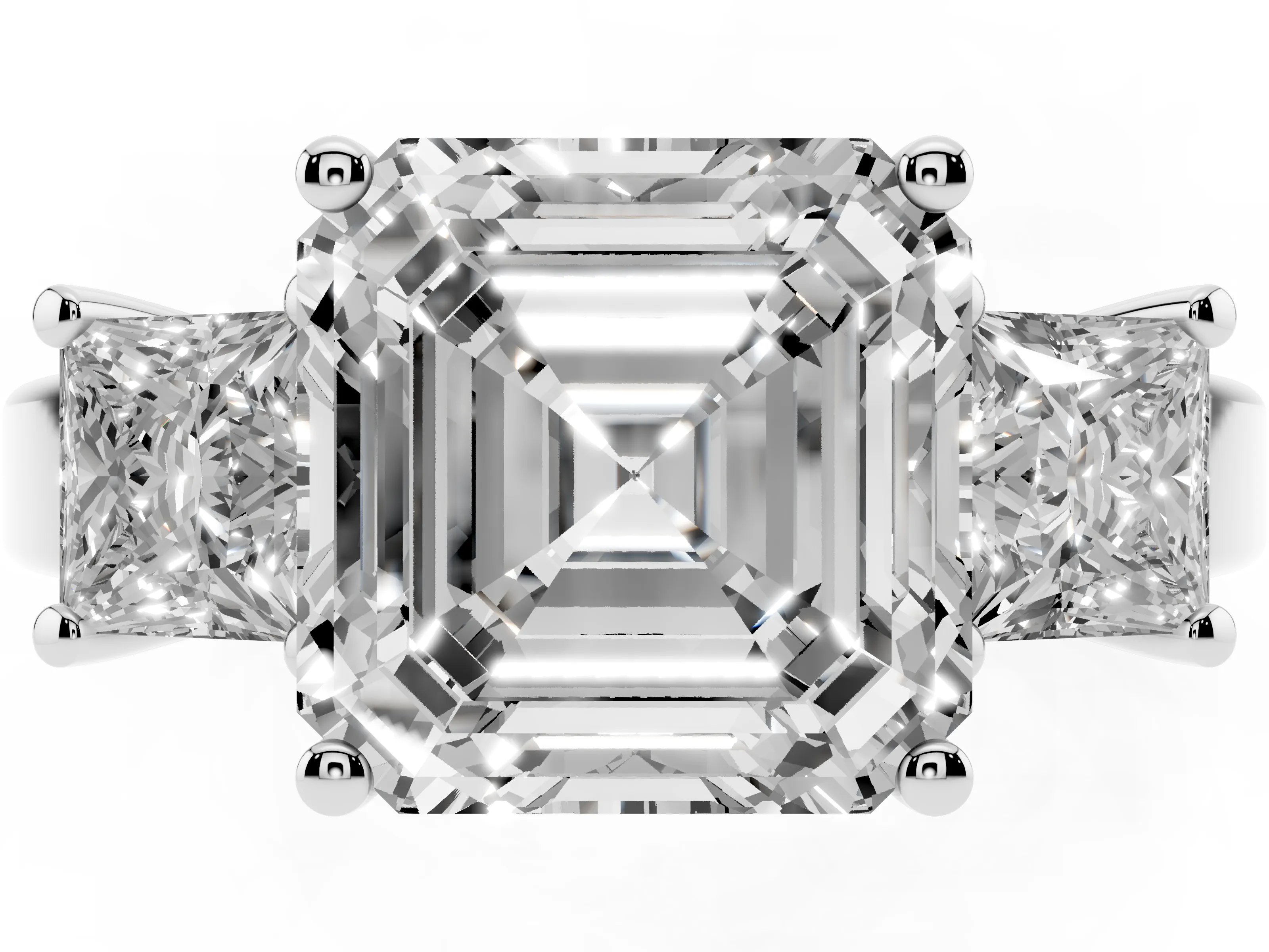 Three-Stone Asscher Cut Diamond Solitaire Ring Set in Platinum with Prong Setting