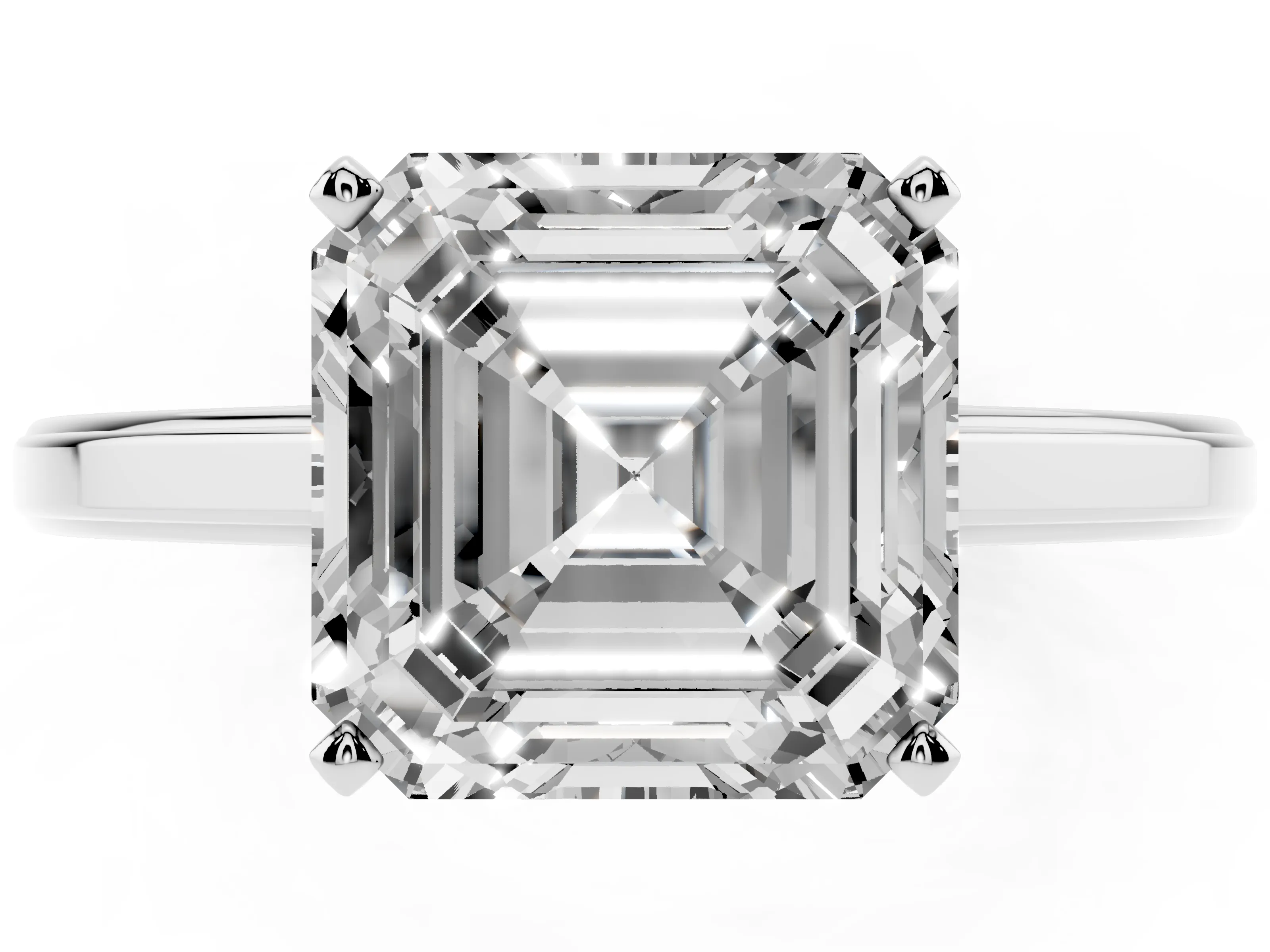 Asscher Cut Diamond Solitaire Ring Set in Platinum with Prong Setting and Classic Band