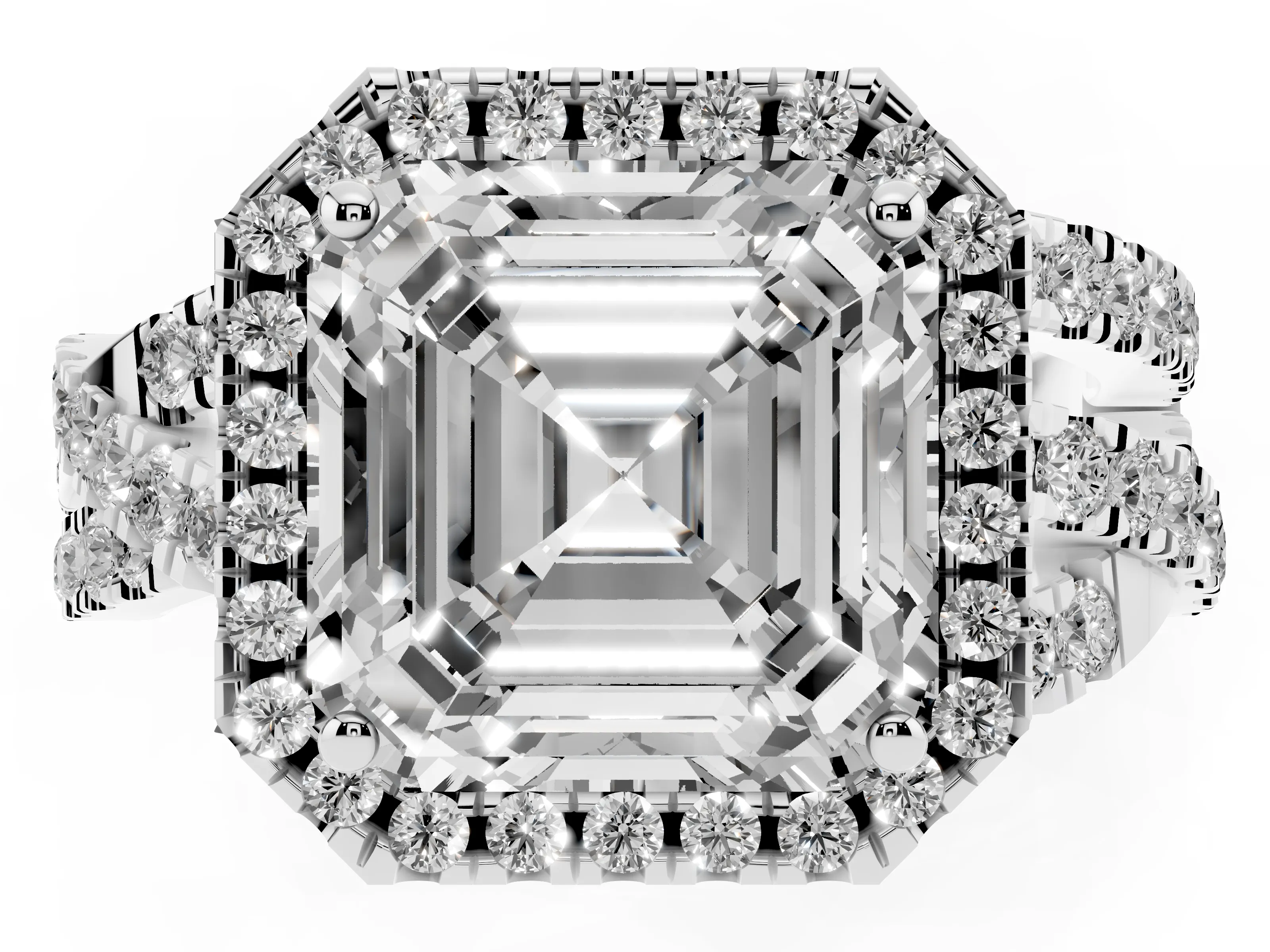 Asscher Cut Diamond Halo Ring Set in White gold with Round Crossover Split Shank and Prong Setting