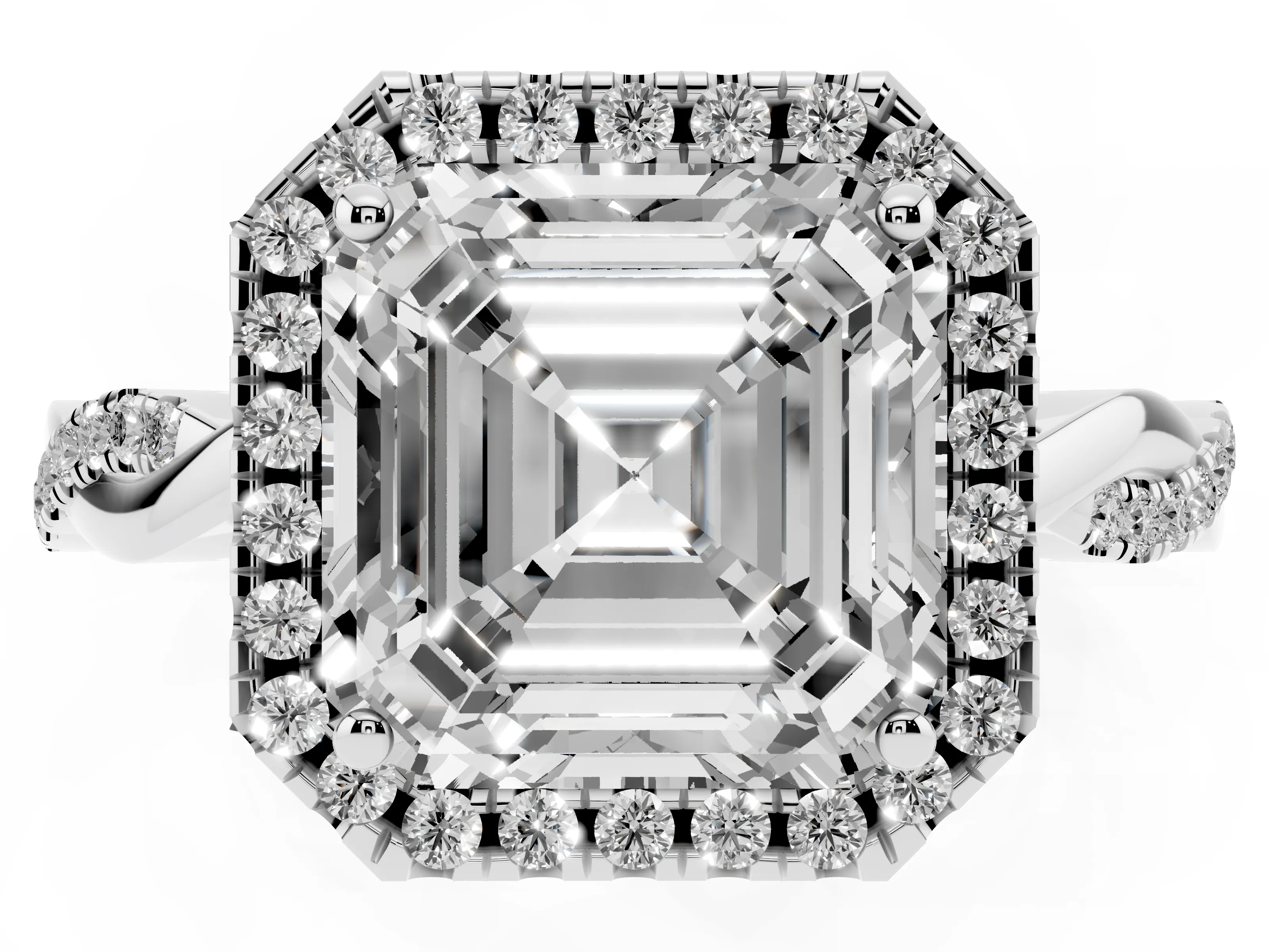 Asscher Cut Diamond Halo Twisted Band Ring Set in White gold with Prong Setting