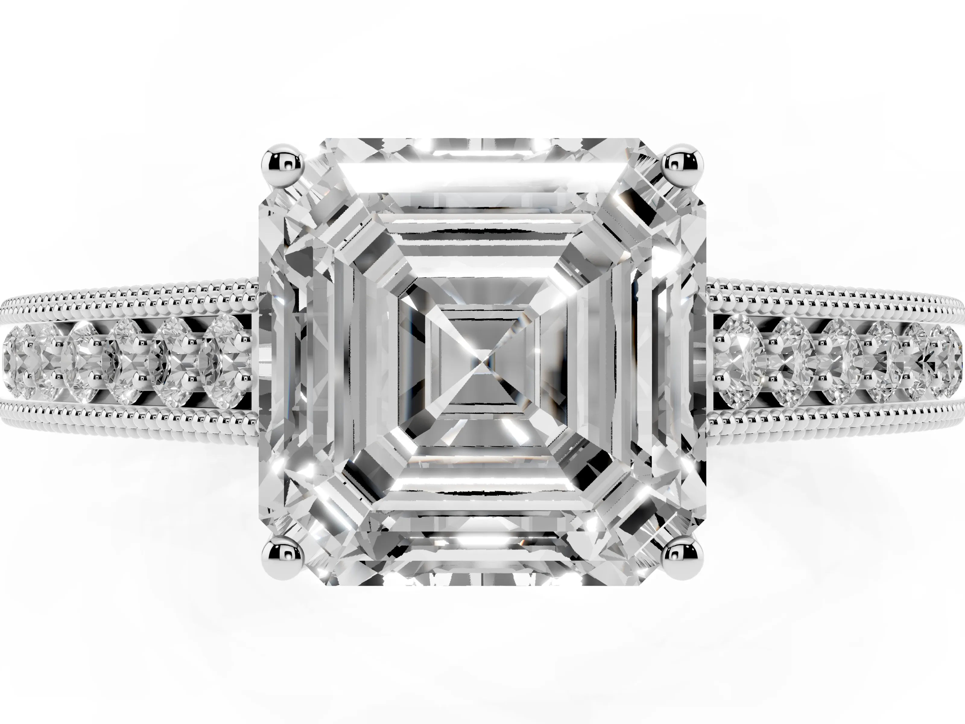 Asscher Cut Diamond Milgrain Pavé Band Solitaire Ring Set in Platinum with Prong Setting