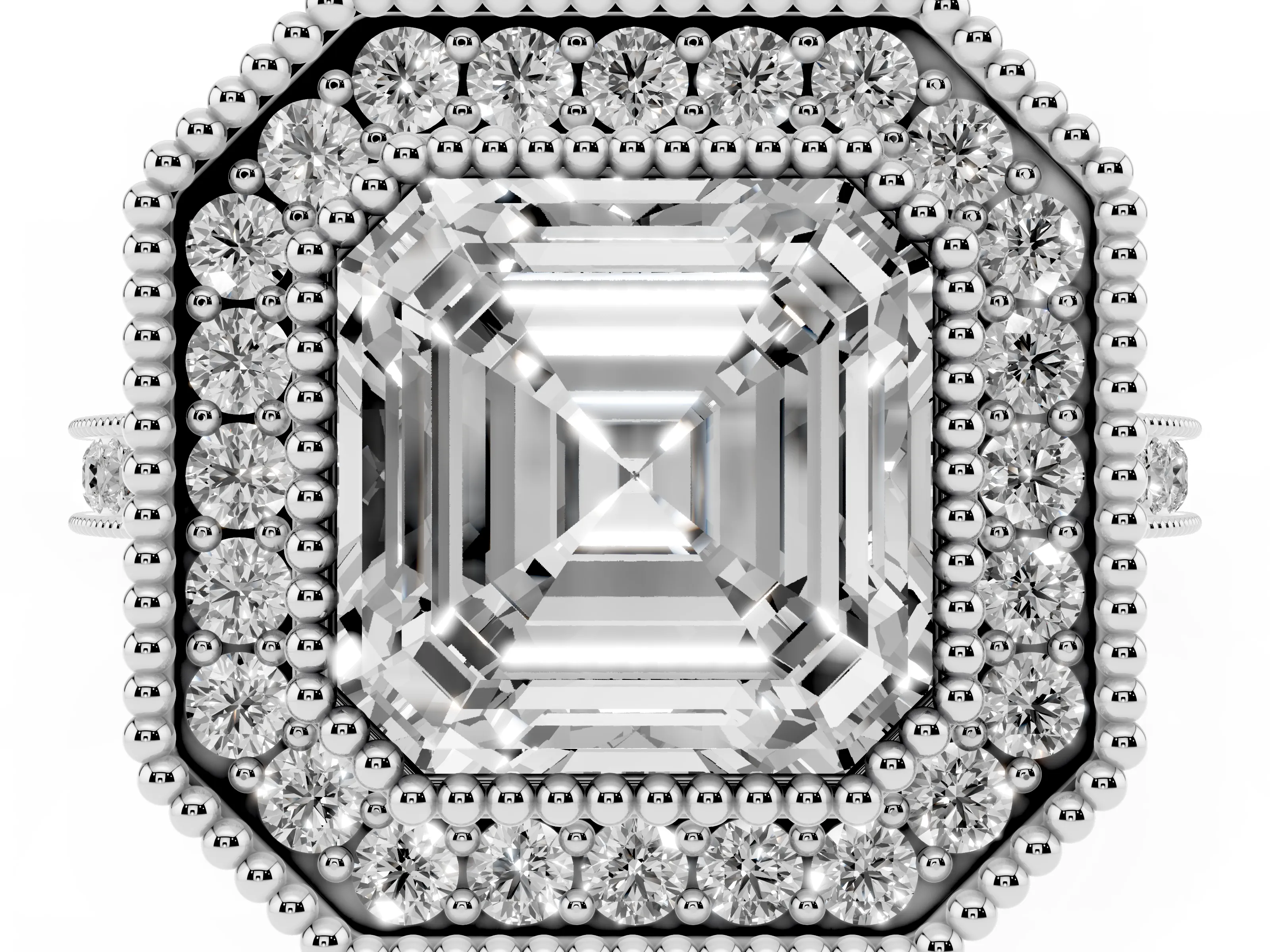 Asscher Cut Diamond Halo Ring Set in Silver with Milgrain Frame and Pavé Band