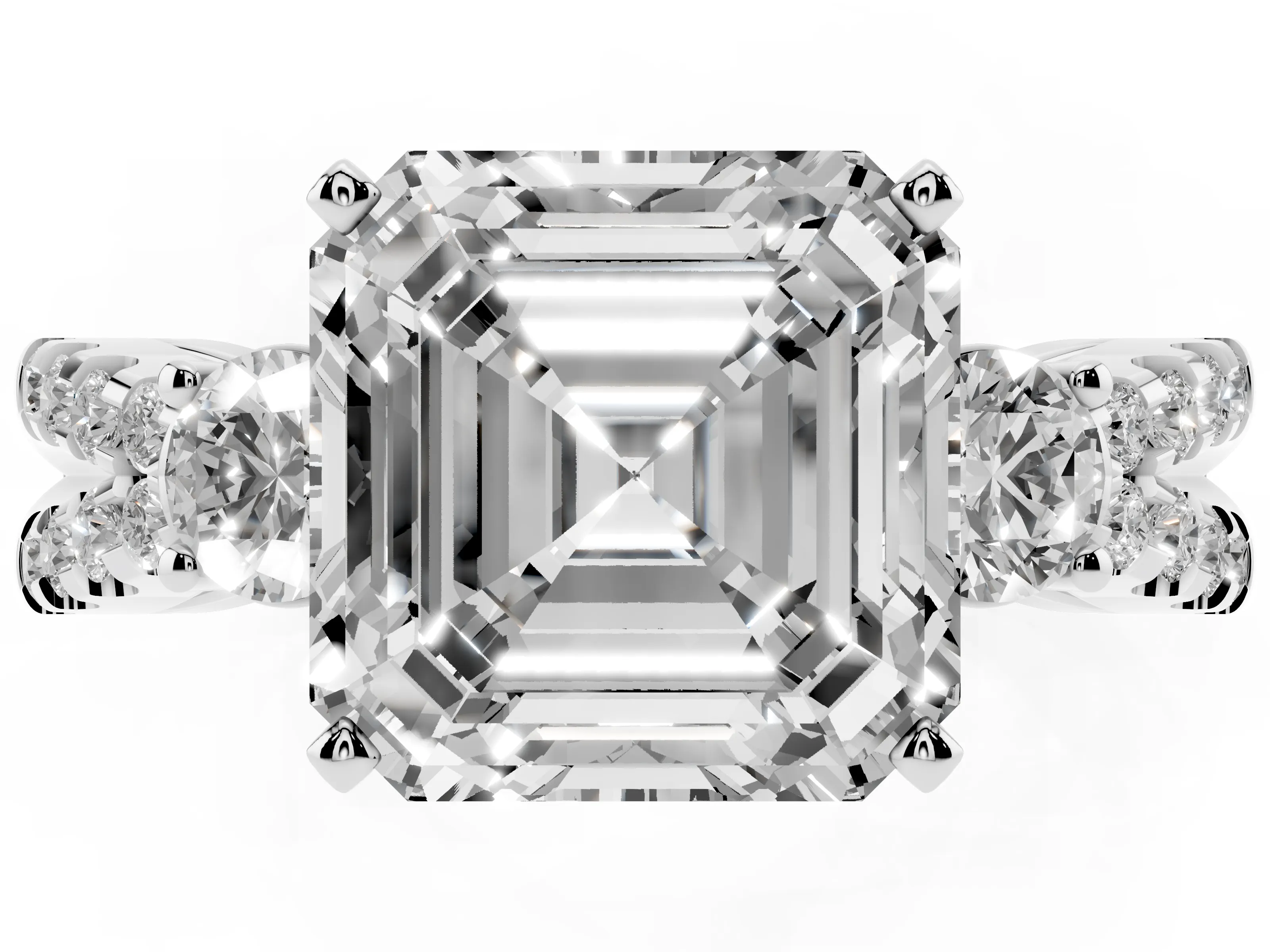 Asscher Cut Diamond Three-Stone Ring Set in Platinum with Pavé Split Shank and Prong Setting