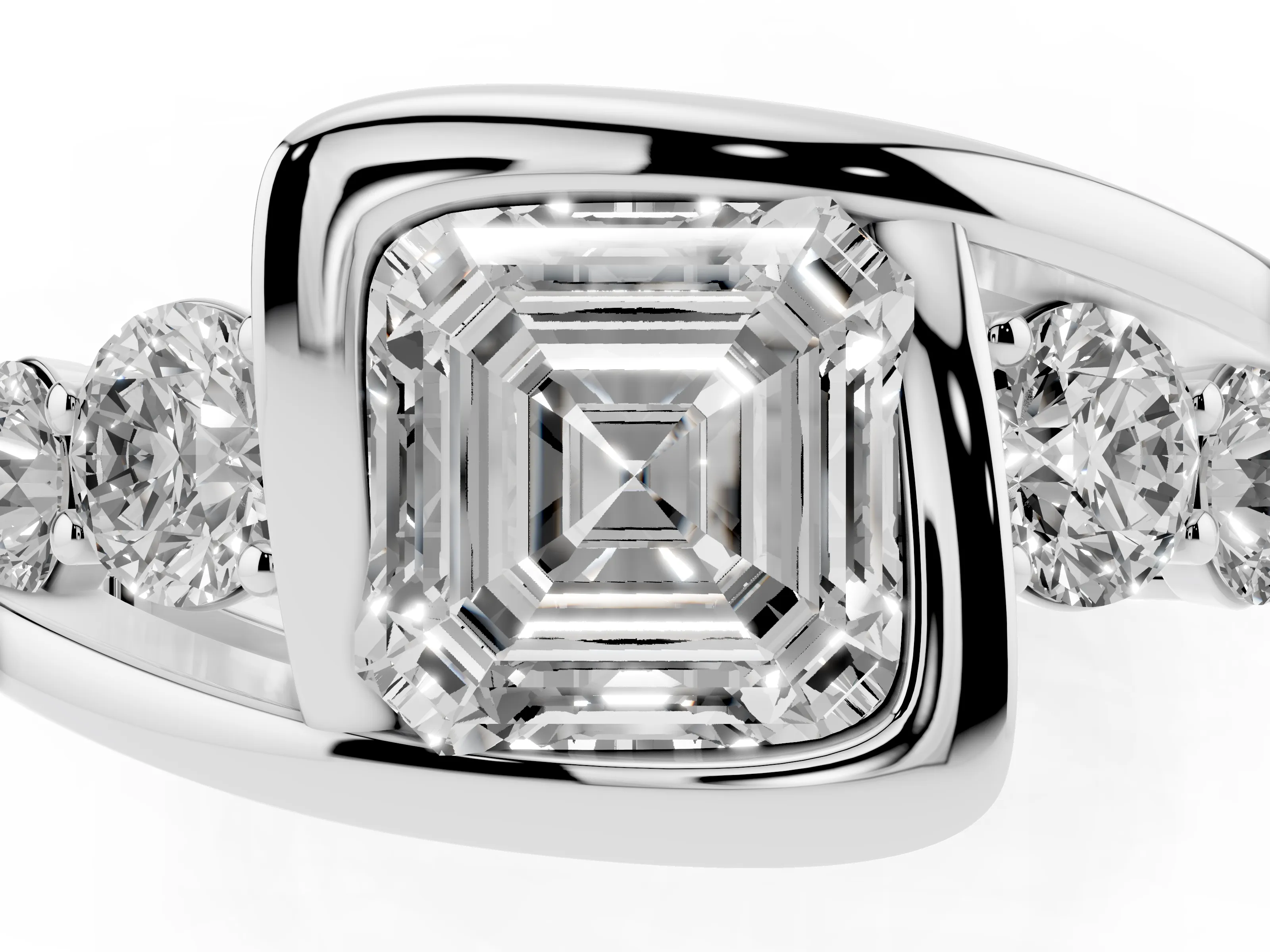 Asscher Cut Diamond Bezel Bypass Ring Set in Platinum with Round Accents