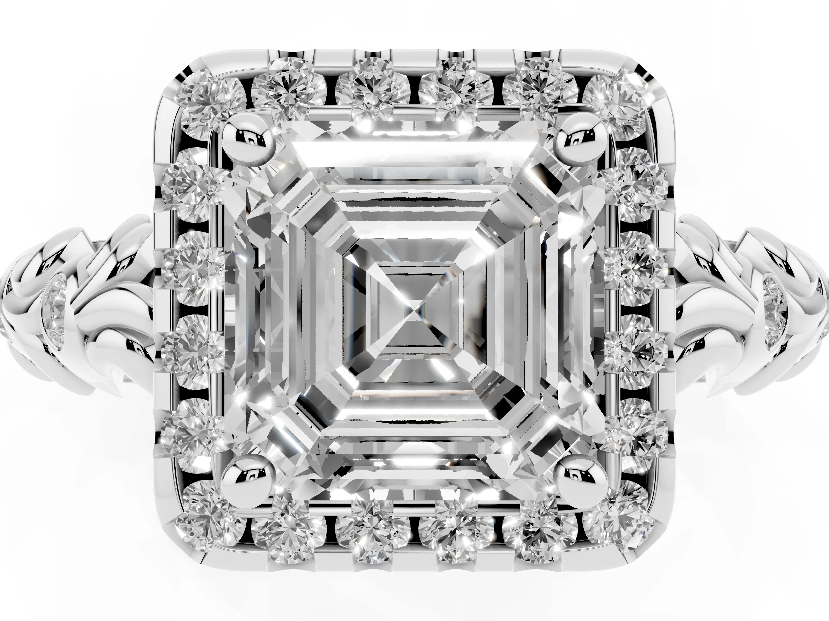 Asscher Cut Diamond Halo Ring Set in Silver with Filigree Leaf Band and Prong Setting