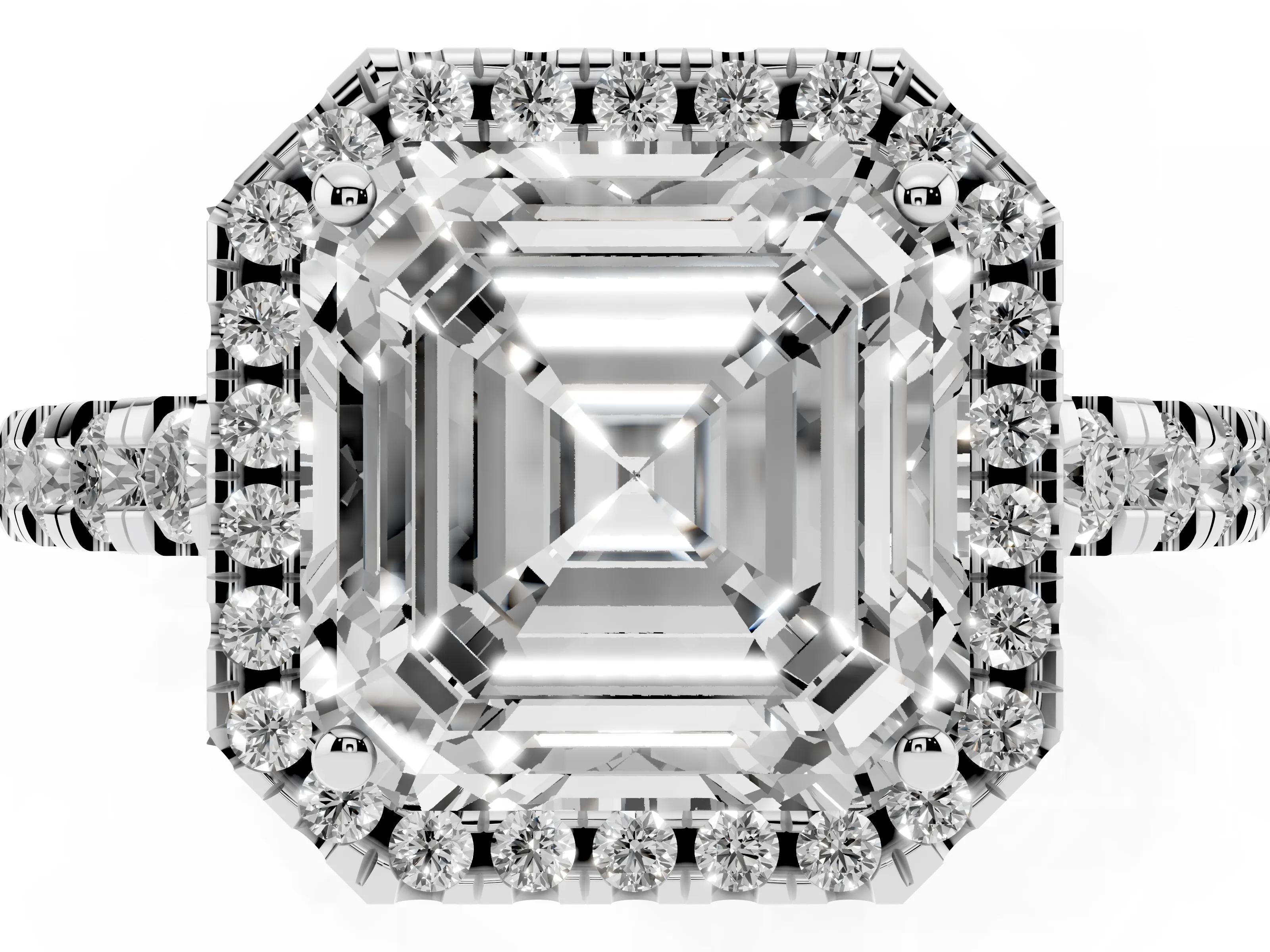 Asscher Cut Diamond Halo Ring Set in White gold with Delicate Pavé Band and Prong Setting