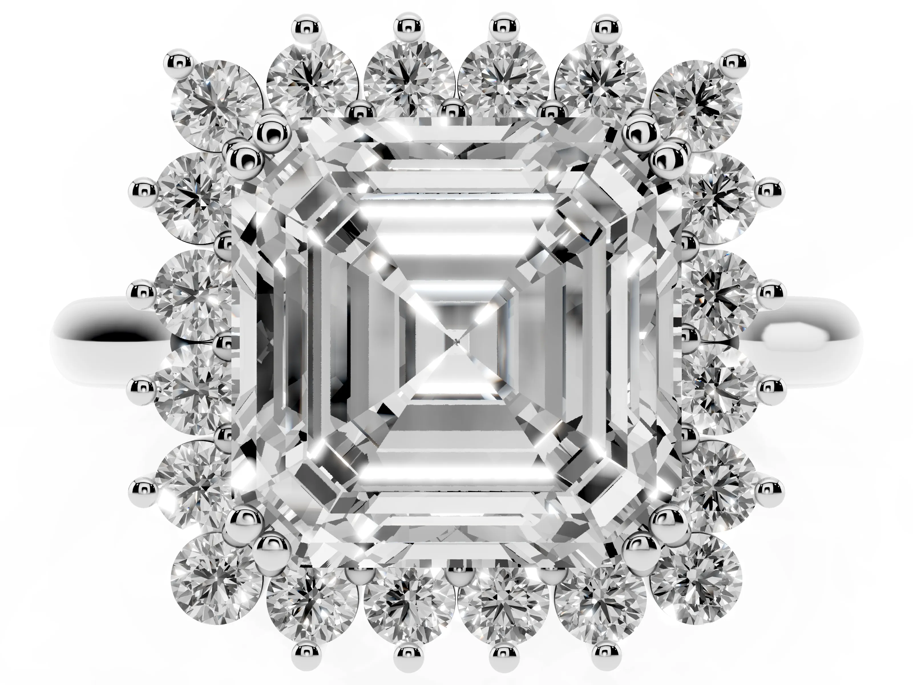 Asscher Cut Diamond Halo Ring Set in Platinum with Plain Solitaire Band and Prong Setting
