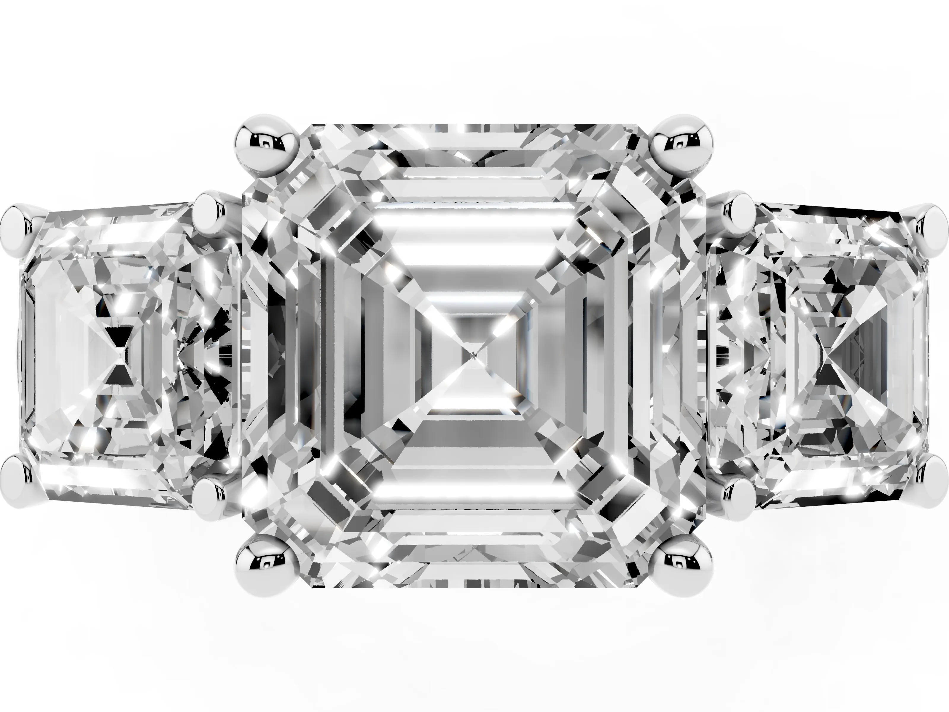 Asscher Cut Diamond Three-Stone Trellis Ring Set in White gold with Comfort Fit Band
