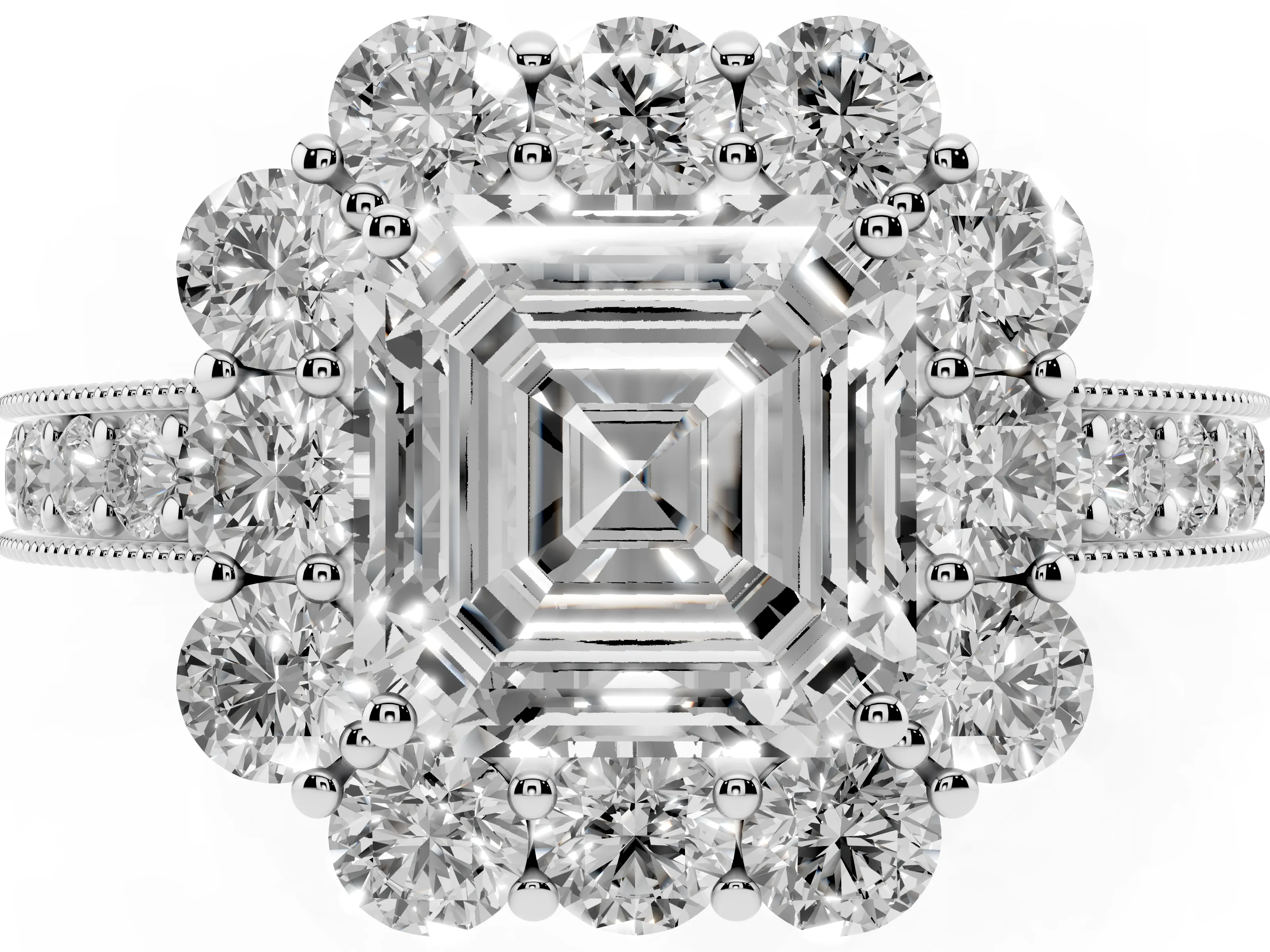 Asscher Cut Diamond Halo Pavé Engagement Ring Set in White gold with Milgrain Detailing