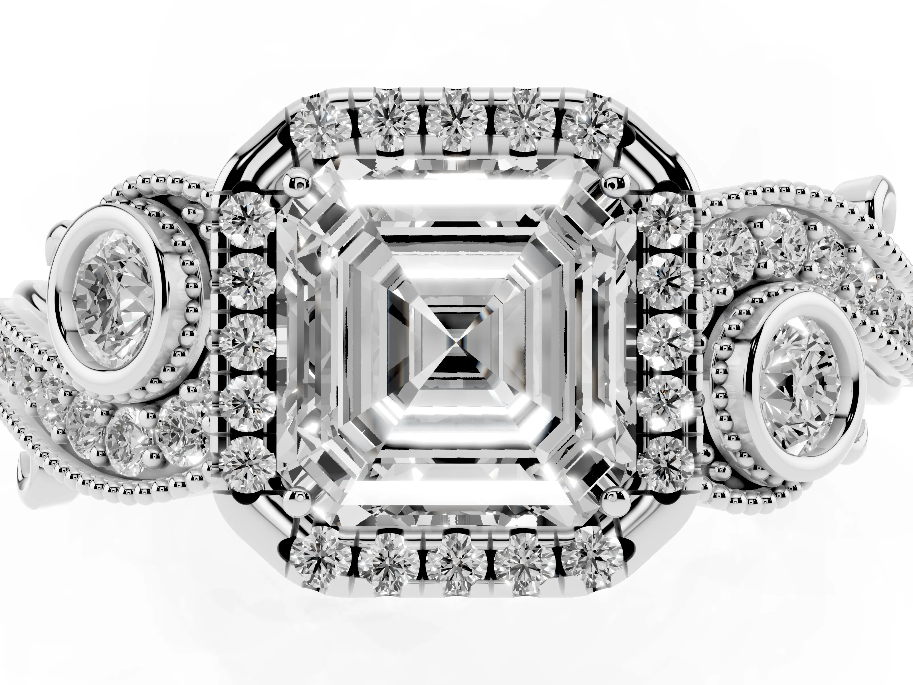 Asscher Cut Diamond Halo Ring Set in White gold with Milgrain Pavé Band and Prong Setting