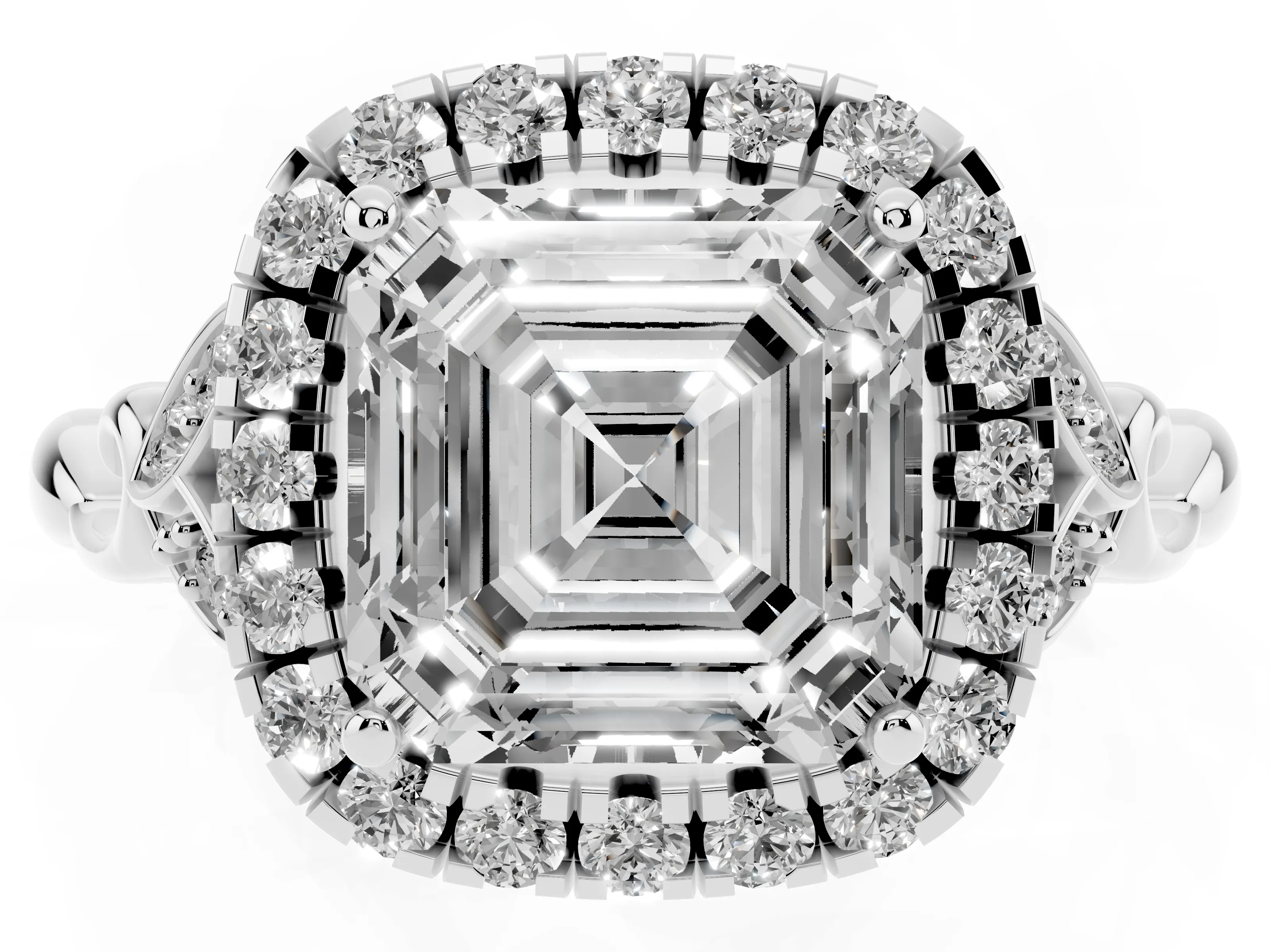 Asscher Cut Diamond Halo Engagement Ring Set in Platinum with Vintage-Inspired Band and Prong Setting