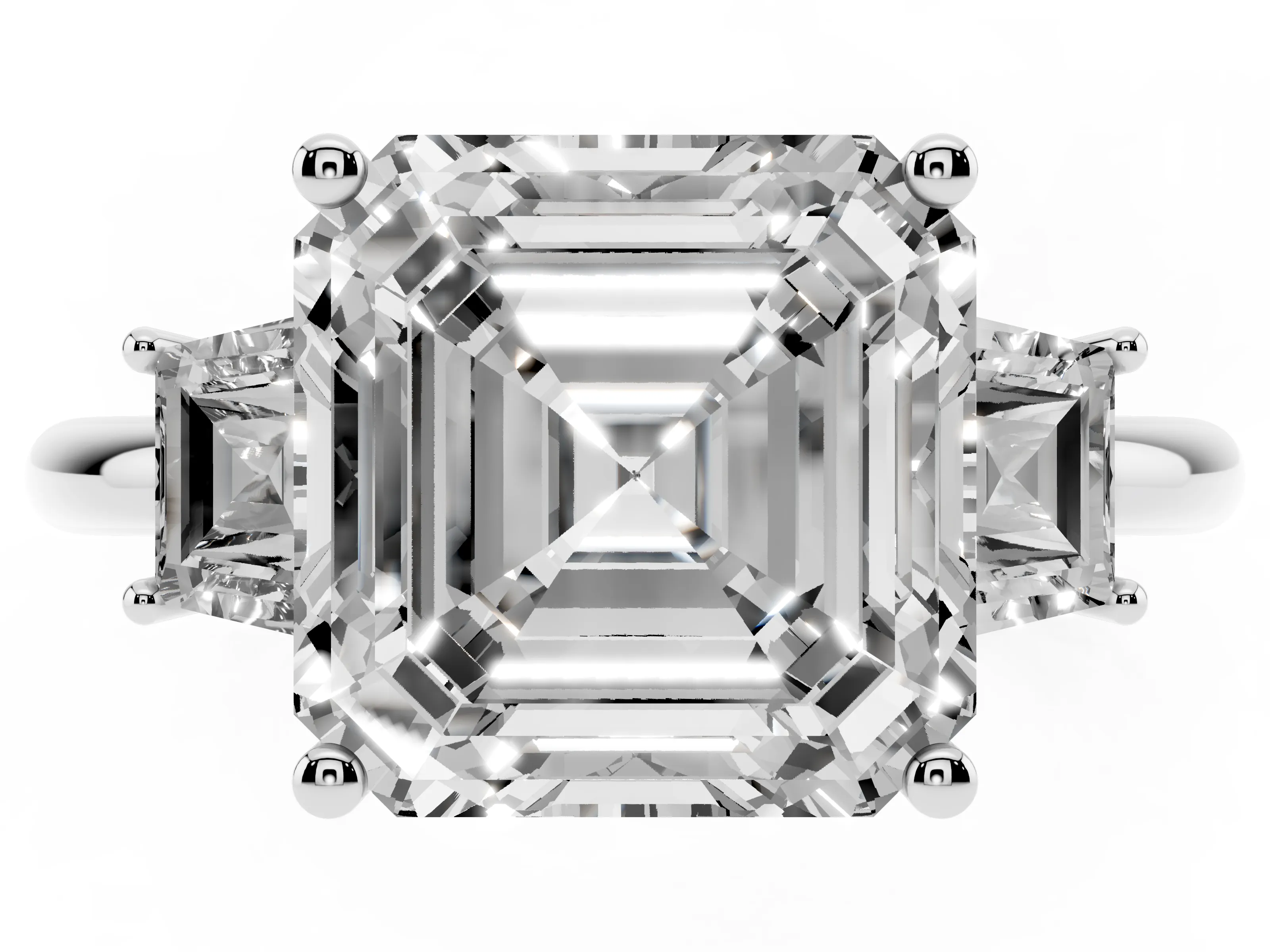 Asscher Cut Diamond Three-Stone Ring Set in White gold with Trapezoid Side Stones and Prong Setting