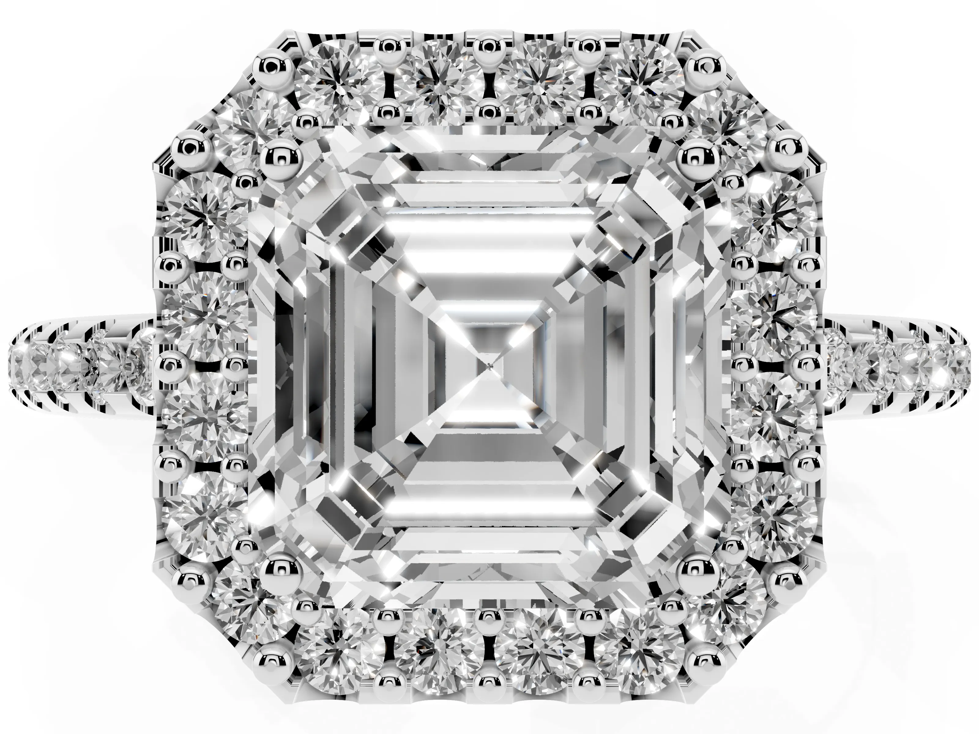 Asscher Cut Diamond Pavé Halo Ring Set in Platinum with Prong Setting