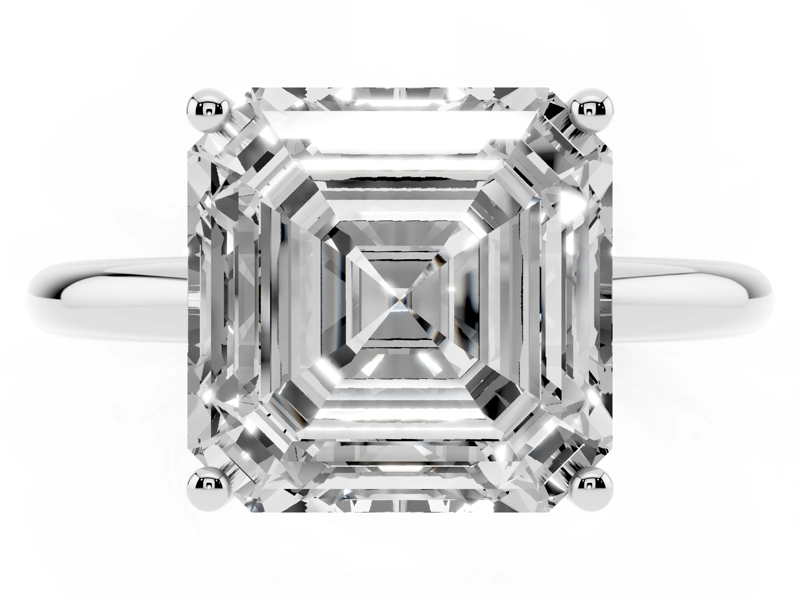 Asscher Cut Diamond Solitaire Engagement Ring Set in White gold with Prong Setting and Polished Band
