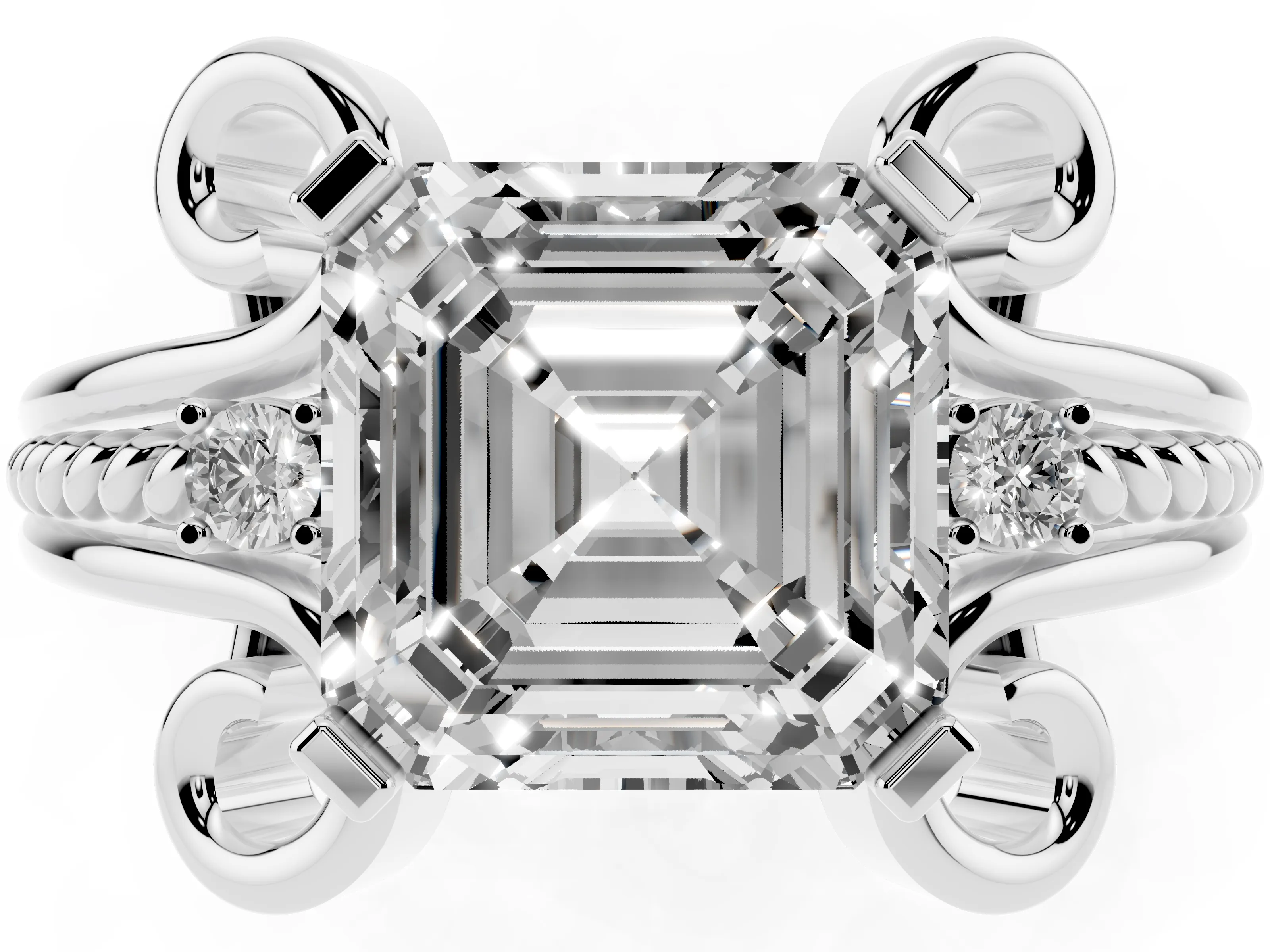 Asscher Cut Diamond Twisted Band Solitaire Ring Set in Platinum with Scroll Prongs