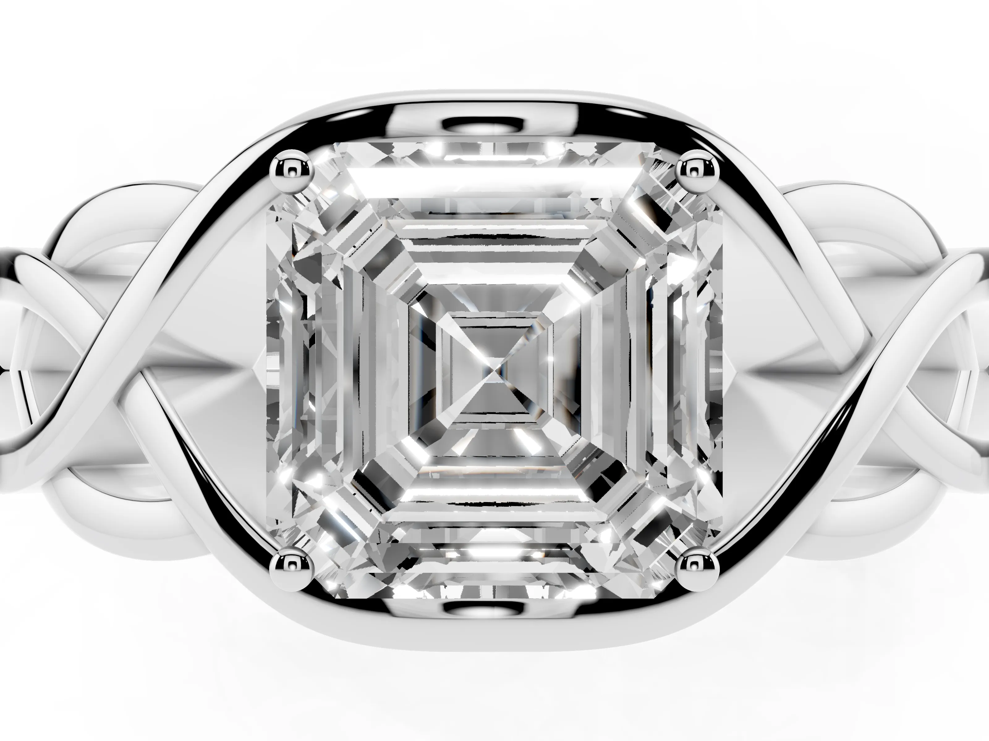 Asscher Cut Diamond Solitaire Ring Set in Silver with Intertwined Band