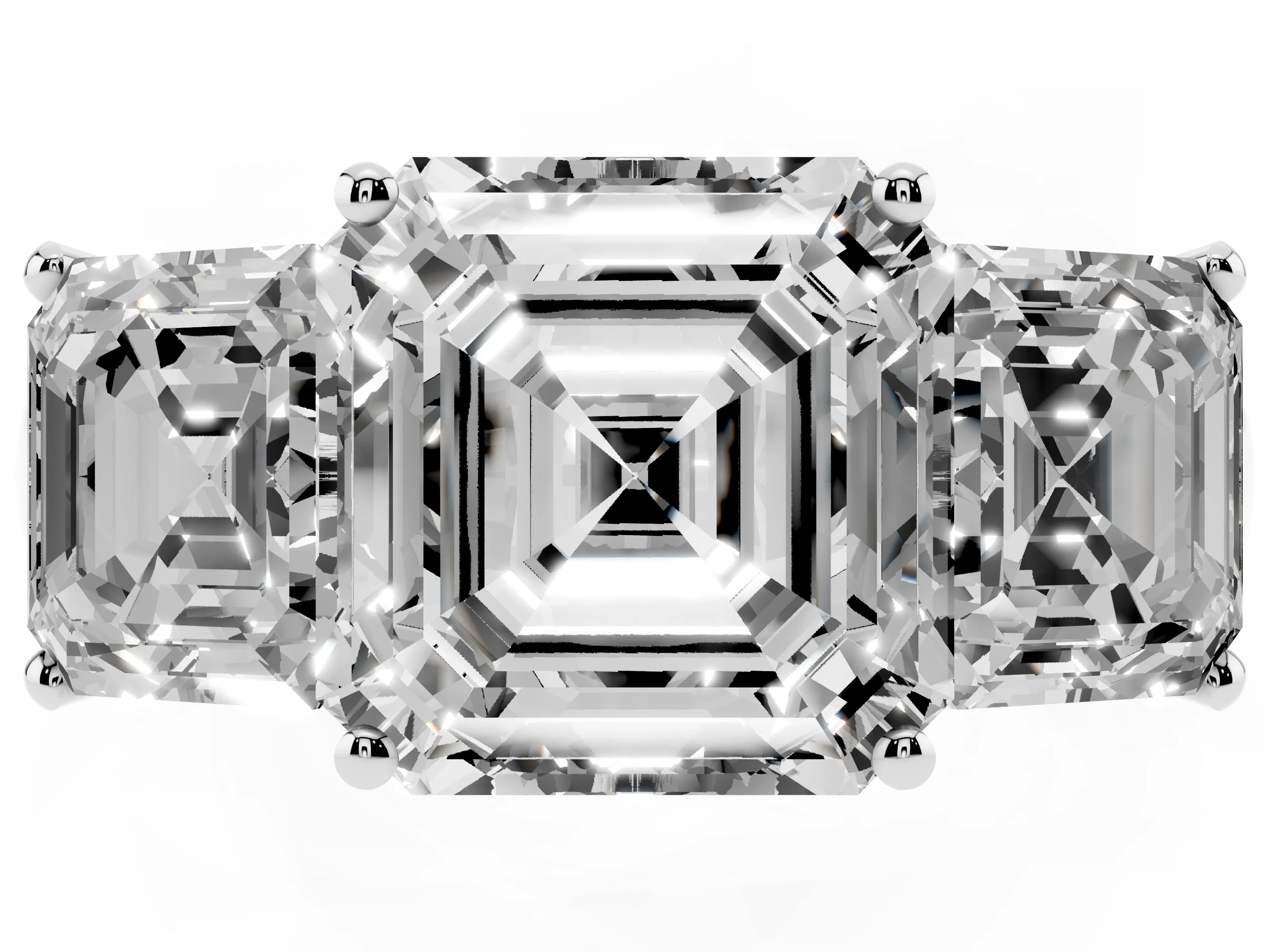 Asscher Cut Diamond Three-Stone Ring Set in Silver with Classic Prong Setting and Plain Band