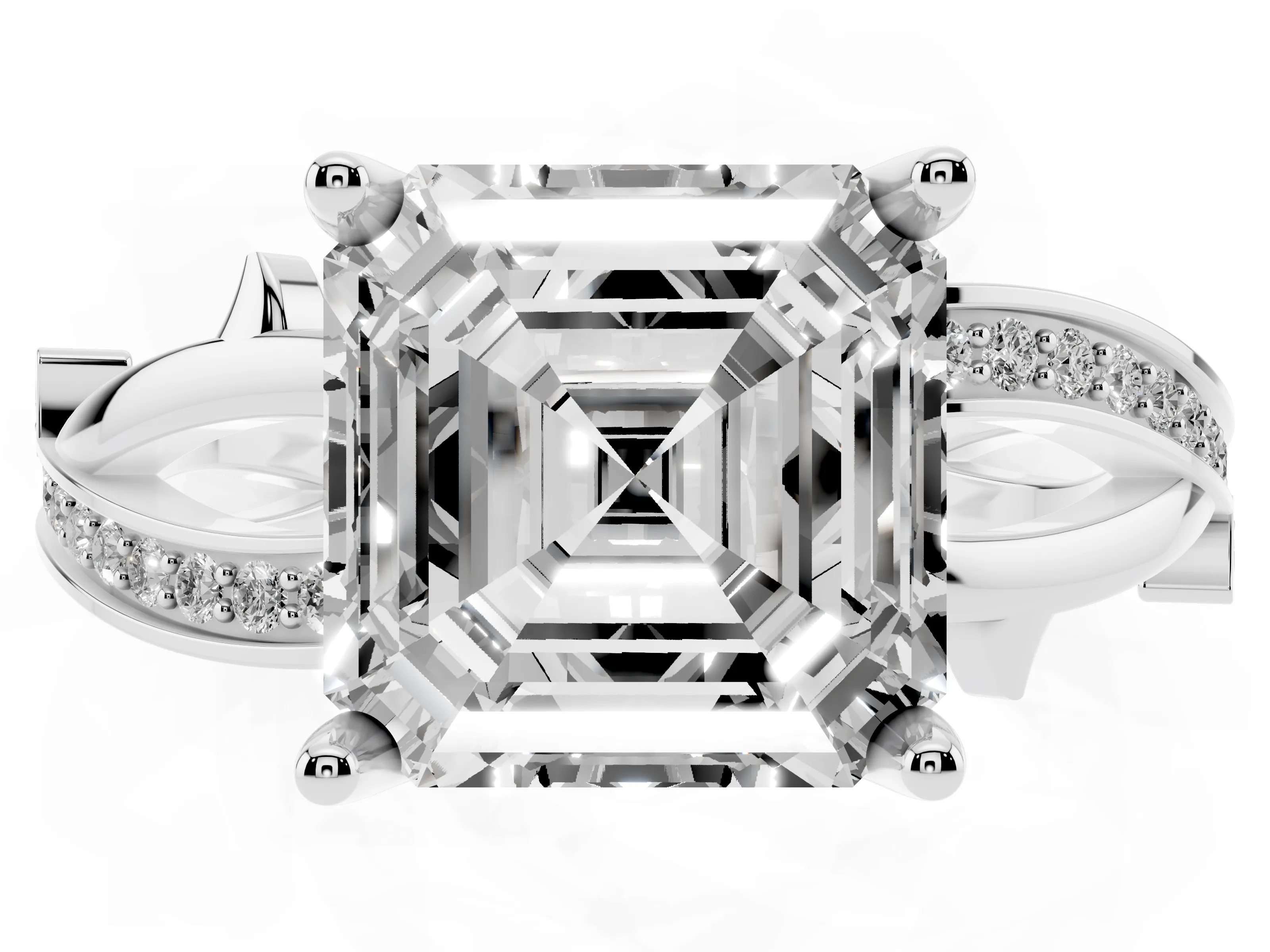 Asscher Cut Diamond Pavé Twist Band Solitaire Ring Set in White gold with Prong Setting