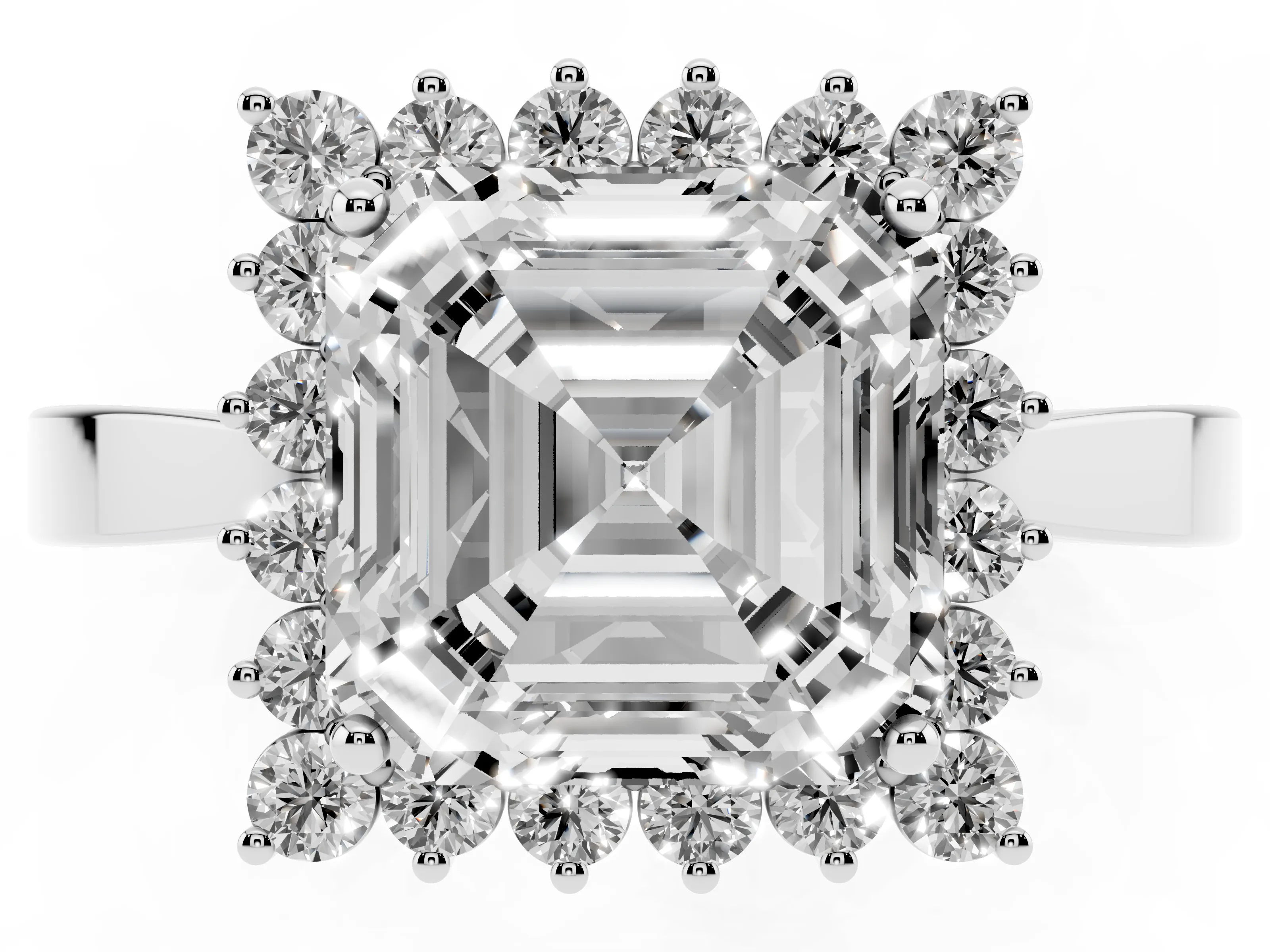 Asscher Cut Diamond Halo Ring Set in White gold with Round Halo and Smooth Solitaire Band