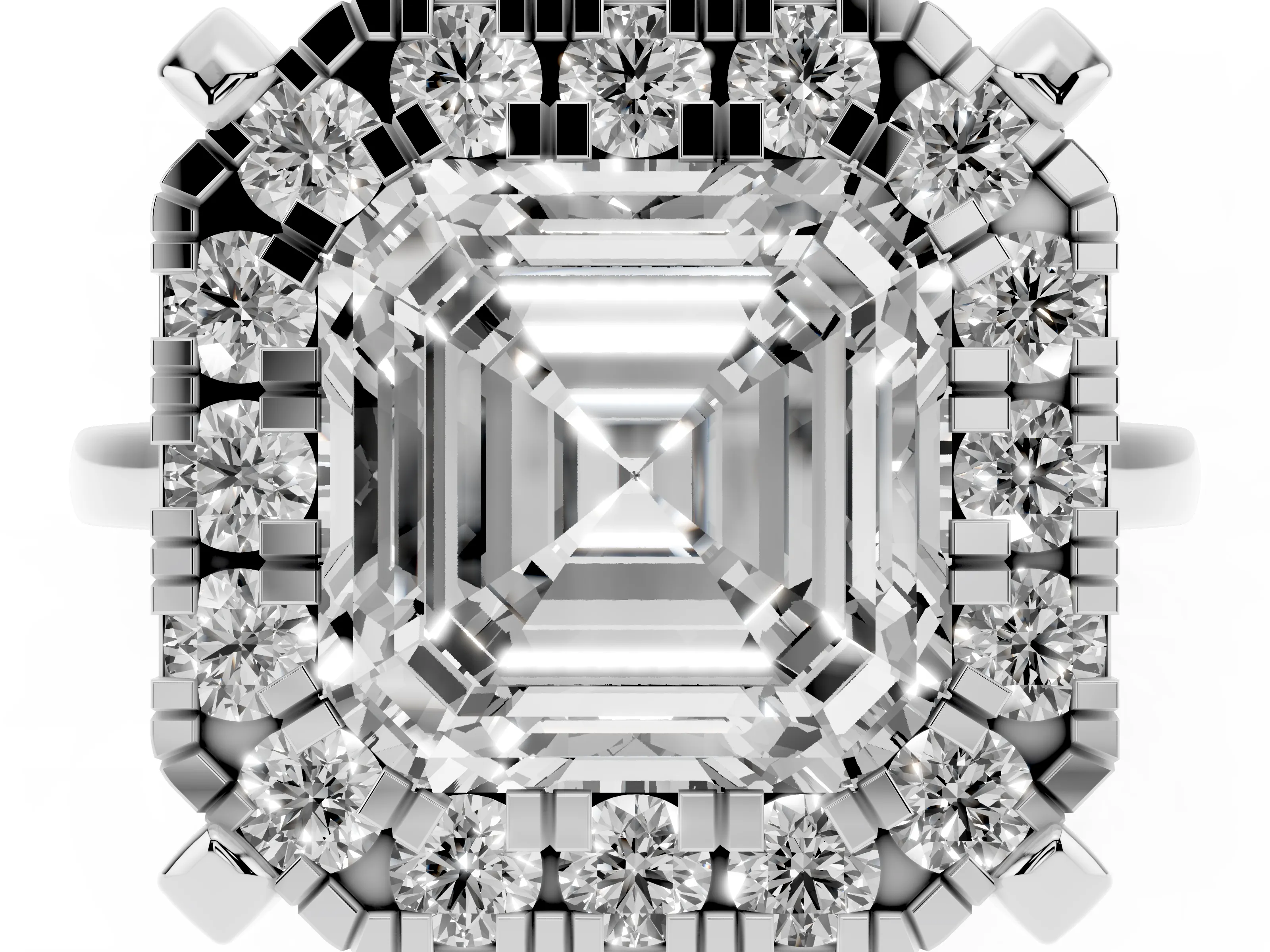 Asscher Cut Diamond Cluster Halo Solitaire Ring Set in White gold with Prong Setting