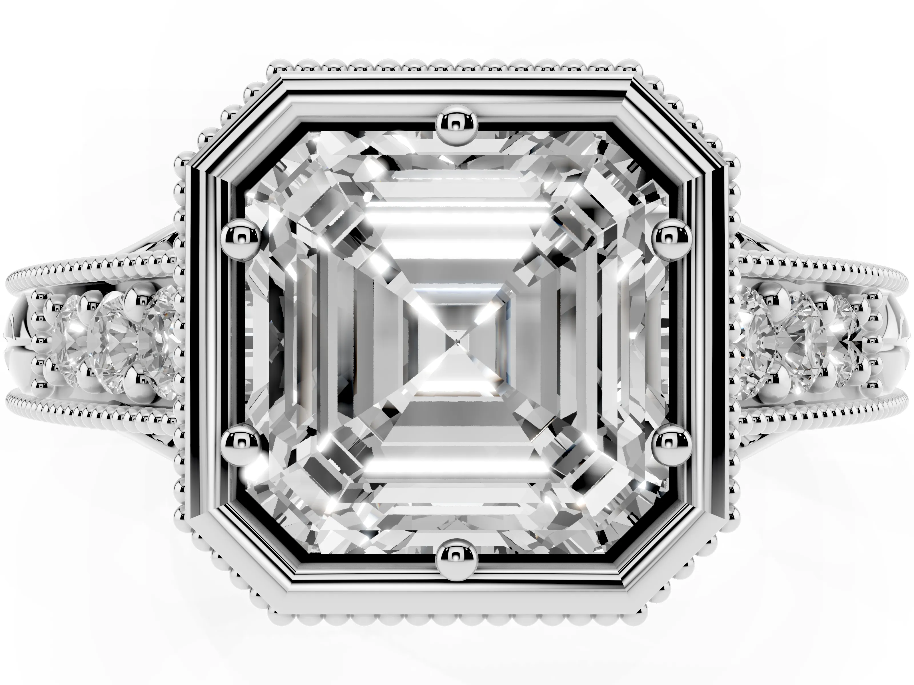 Bezel Set Asscher Cut Diamond Milgrain Pavé Engagement Ring Set in Silver
