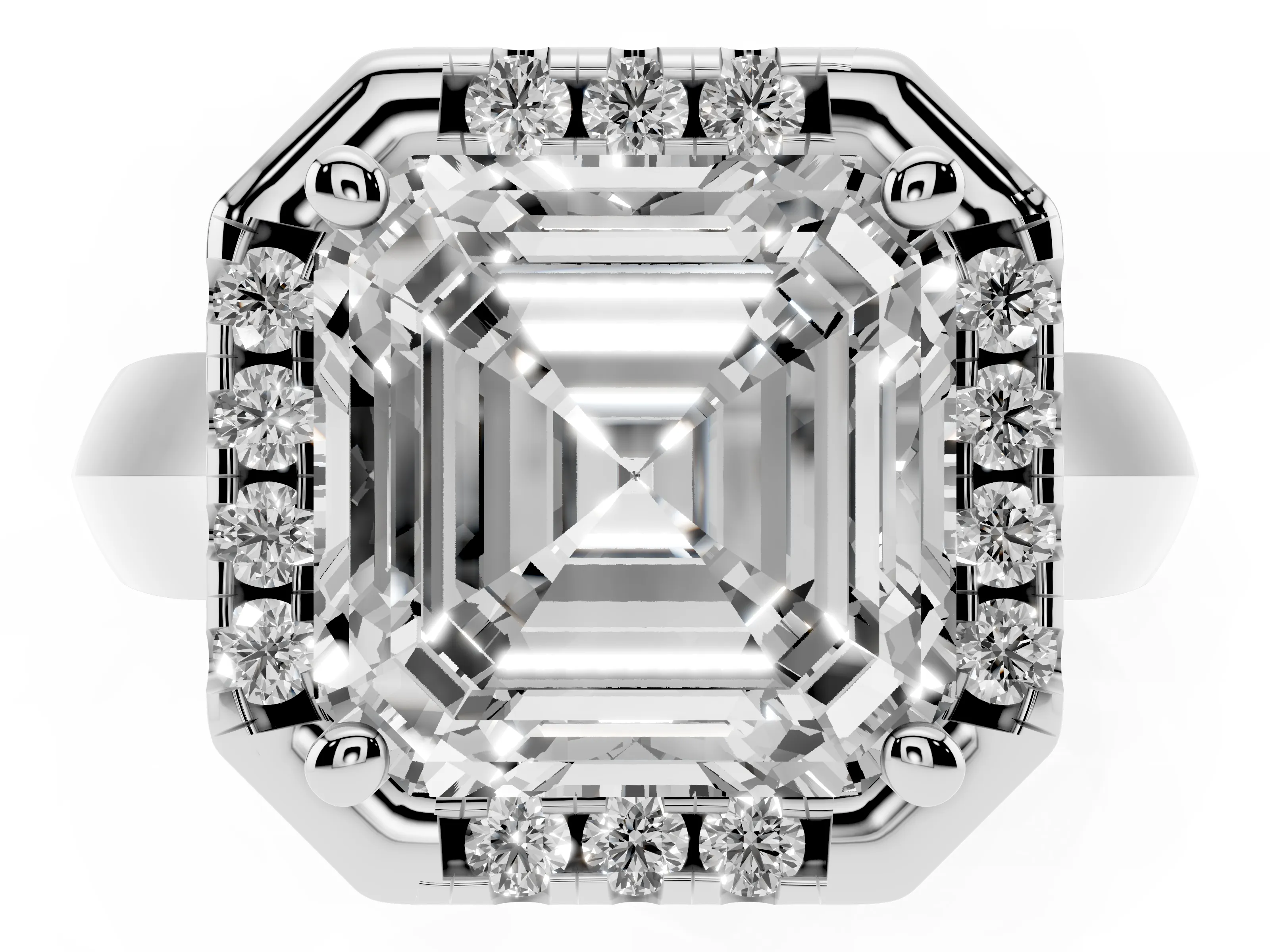 Asscher Cut Diamond Halo Solitaire Engagement Ring Set in Silver with Square Band and Prong Setting