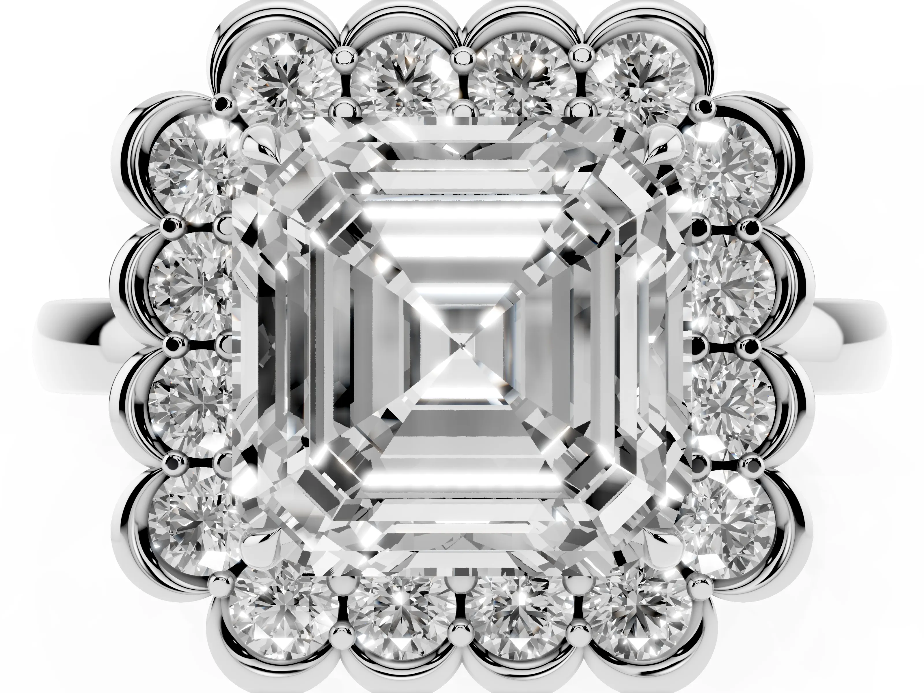 Asscher Cut Diamond Halo Cluster Engagement Ring Set in Silver with Solitaire Band and Prong Setting