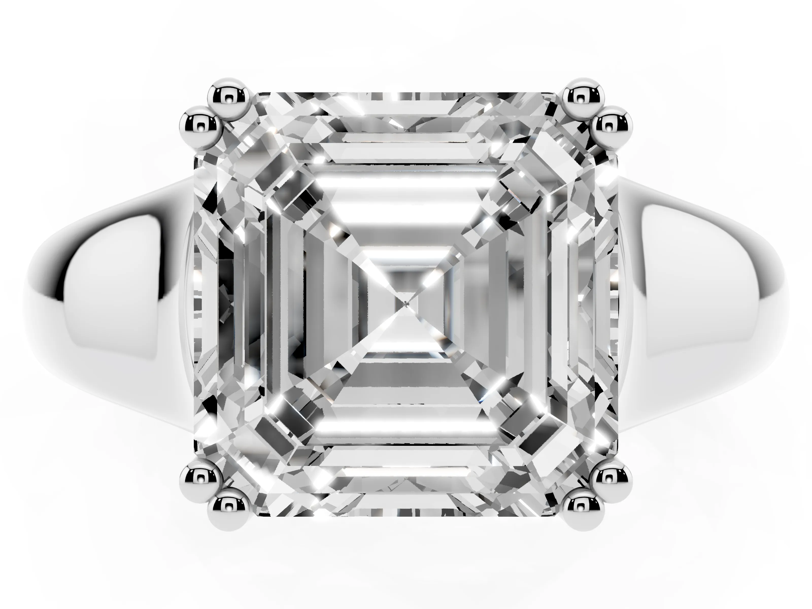 Asscher Cut Diamond Solitaire Ring Set in White gold with Wide Band and Prong Setting