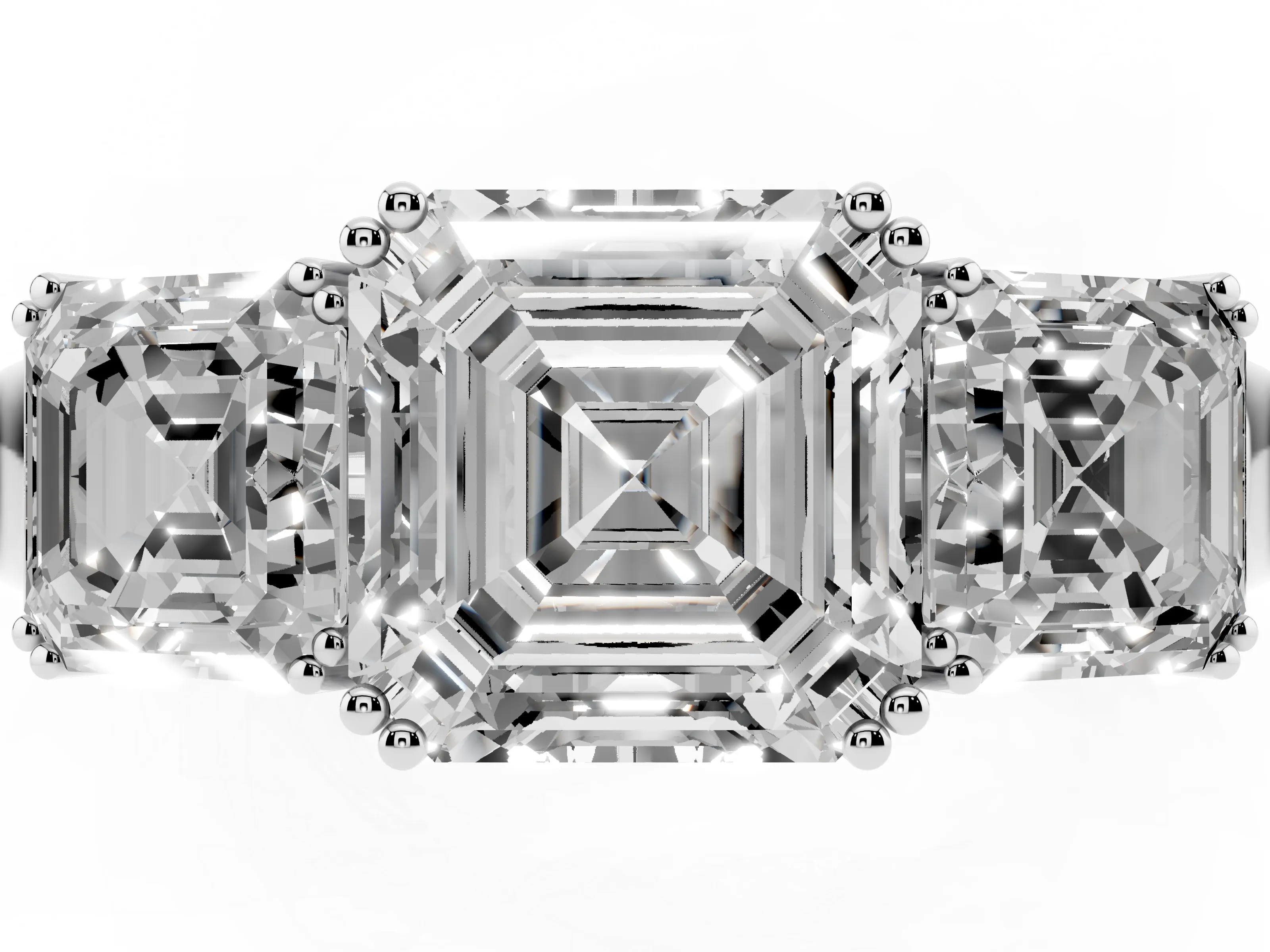 Asscher Cut Diamond Three-Stone Ring Set in Silver with Polished Band and Prong Setting